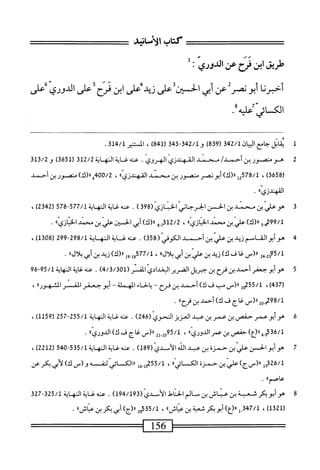 ‫كتاب‬
،‫الأنائيي‬
‫'لريق‬
‫ابن‬
‫همح‬
‫عن‬
‫الدوري؛‬
‫ل‬
‫أحمرنا‬
‫أبونمر‬
‫عن‬
‫أبي‬
‫الحئن‬
‫على‬
‫زيدض‬
‫ابن‬
‫يرح‬
‫على‬
‫الدوري‬
‫على‬
/‫الكسائيحض‬
1
‫ي‬
‫اتل‬‫ق‬
‫ع‬،‫جا‬
‫ايان‬
342/1
(
839
)
‫و‬
342/1
-
343
)48‫رل‬
،
‫الم‬
13‫ي‬/1
.
2
‫ه‬
‫ومتمور‬
‫بن‬
/‫أحمد‬
‫محمد‬
‫القهند‬
‫زي‬
.‫الهروي‬
‫عنه‬
‫غاية‬
‫النه‬
‫اية‬
312/2
(
3651
)
‫و‬
313/2
(
3658
،)
‫ل‬2‫ةحة‬2‫ل‬
)‫ُررك‬
‫أبو‬
‫نمر‬
‫متمور‬
‫بن‬
‫محمد‬
‫القهتدزياا‬
،
400/2
)‫غ؛ررك‬
‫منمور‬
‫ين‬
‫أحمد‬
‫انقهندزي؛؛‬
.
3
‫ه‬
‫وعر‬
‫بن‬
‫سند‬
‫ين‬
‫الجن‬
‫الجرجاني'اضازي‬
(
398
)
.
‫ءنهظيةاله‬
‫اية‬
577/1
-
578
(
2342
)
،
5.‫لرووم‬
)‫ُا(ك‬
‫على‬
‫بن‬
‫محمد‬
‫الجازى؛ا‬
،
‫ةمةليء‬
)‫ُ(ك‬‫ا‬
‫أيى‬
‫الجن‬
‫على‬
‫بن‬
‫محمد‬
‫ُ؛‬‫ي‬‫الجاز‬
•
4
‫ه‬
‫وأبوالخام‬
‫نيد‬
‫بن‬
‫عر'بنأحمد‬
<'‫اوقوفي‬
358
)
.
‫عنه‬
‫غ‬
‫اية‬
‫النه‬
‫اية‬
298/1
-
299
(
1308
)
،
42-32‫لم؟و‬
‫را(س‬
‫غاف‬
)‫ك‬
‫نني‬
‫بن‬
‫علي‬
‫بن‬
‫أبي‬
®‫ال‬‫ل‬‫ب‬
،
‫أ‬9-‫ل‬8‫لملإلإة‬
‫رر(كآ‬
‫زيد‬
‫بن‬
‫أبي‬
‫ألء؛‬‫ل‬‫ب‬
•
5
‫ه‬
‫وأبوجعفر‬
‫أحمد‬
‫بن‬
‫فرح‬
‫بن‬
‫جبريل‬
‫الضرير‬
‫البغدادي‬
‫القسر‬
)‫بم‬/‫ق‬/‫ق‬0‫(ل‬
.
‫عنه‬
‫غاية‬
‫النهاية‬
95/1
69-
(
437
)
،
255/1
2‫و‬
١٠
(
‫س‬
‫ْب‬
‫ف‬
)‫ك‬
‫أحمد‬
‫ين‬
‫فرح‬
—
‫بالحاء‬
‫المهملة‬
—
‫أبو‬
‫جعفر‬
‫الممر‬
،،‫المشهور‬
،
‫أ‬0-‫لمةوم‬
‫رررس‬
‫غاج‬
‫ف‬
‫لأآ‬
‫أحمد‬
‫ين‬
®‫فرح‬
•
‫ق‬
‫ه‬
‫وأبوعمر‬
‫حفص‬
‫بن‬
‫عمر‬
‫بن‬
‫عبد‬
‫العزيز‬
‫النحوي‬
(
246
)
.
‫عنه‬
‫غاية‬
‫النهاية‬
255/1
-
257
(
1159
)
،
5.6‫قتة‬/‫ل‬
)‫ار(ع‬
‫حفص‬
‫بن‬
‫صر‬
،،‫الدوري‬
،
2‫أ‬-02‫لرةو‬
‫رر(س‬
‫غاج‬
‫ف‬
)‫ك‬
®‫الدوري‬
•
7
‫ه‬
‫و‬
‫أبو‬
‫الحن‬
‫عر‬
‫بن‬
‫حمزة‬
‫بن‬
‫عبد‬
‫افه‬
‫الأسدي‬
(
189
)
.
‫ءنهغايةالهاية‬
535/1
-
540
(
2212
)
،
‫ل‬3‫ت‬2‫ق‬/‫ل‬
)‫اررسج‬
‫علي‬
‫بن‬
‫حمزة‬
‫الك‬
،،‫ائي‬
،
5255/1
‫ءل‬.‫ل‬
‫ررالكسائي‬
‫لنمه‬
‫و‬
_(
)‫ك‬
‫أيي‬‫ل‬
‫بكر‬
‫عن‬
،،‫عاصم‬
.
8
‫ه‬
‫وأبوبكر‬
‫شعبة‬
‫بن‬
‫عناش‬
‫بن‬
‫الم‬
‫ٍل‬‫ا‬‫الح‬
(ّ‫ي‬‫ّد‬‫أ‬‫ال‬
194/193
)
.
‫عنه‬
‫غاية‬
‫النهاية‬
325/1
-
327
(
1321
،)
347/1
)‫ل«ا(ع‬.
‫أبو‬
‫كر‬
‫تجة‬
‫بن‬
‫ع؛اشاا‬
،
2o535/1
)‫«(ج‬
‫أبي‬
‫بكر‬
‫بن‬
،،‫اثى‬‫ت‬‫ع‬
.
‫^^=^=^=ا‬
56
‫أ‬
=‫ا‬
 