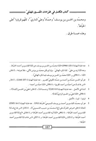 ‫ومحمد‬
‫ين‬
‫الحسن‬
‫بن‬
‫يوسف‬
‫وحماد‬
‫وعر‬
‫الداري‬
،
‫كلهم‬
‫قرووا‬
‫على‬
.ً‫ط‬‫اذا‬
‫وهذه‬
‫حمسة‬
‫طرق‬
•
1
‫ع‬
‫نه‬
‫غاية‬
‫النهاية‬
125/2
)92‫بم‬6‫ر‬
)‫ار(ك‬
‫محسمد‬
‫ين‬
‫الحسن‬
‫بن‬
‫يوسسف‬
‫عن‬
)‫(ك‬
‫القاسم‬
‫بن‬
‫أحمد‬
‫الخياط‬
.
‫وعنه‬
)‫(ك‬
‫زيد‬
‫بن‬
‫علي‬
•
‫كذا‬
‫ذكره‬
‫الهذلي‬
.
‫ؤإن‬
‫لم‬
‫يكن‬
‫محني‬
‫بن‬
‫يونس‬
،‫اص‬
‫ا‬‫ل‬‫ف‬
»‫نعرفه‬
،
16/2
‫وإ‬
،‫رر(ك؛‬
،
298/1
‫إ‬‫ح‬_‫إ‬‫ق‬
)‫رر(ك‬
‫محمد‬
‫ن‬
‫الحسن‬
‫بن‬
‫يوش‬
‫ا‬‫م‬‫في‬
‫ذكره‬
‫ا‬،‫الهزلي‬
.
2
‫ه‬
‫وأبو‬
‫الحسن‬
‫حماد‬
‫ن‬
‫أحمد‬
‫ن‬
‫حماد‬
‫الكوفي‬
‫الضرير‬
.
‫عنه‬
‫غاية‬
‫النهاية‬
257/1
‫ر‬
1166
)
،
6/2
‫ل_إ‬
_(«
‫غا‬
‫ف‬
‫ك‬
)‫ص‬
‫حماد‬
‫ن‬
‫أحمد‬
»‫المقرئ‬
،
298/1
‫هل‬
)‫رر(ك‬
‫حماد‬
‫ن‬
»‫أحمال‬
.
3
‫ك‬
‫دا‬
‫في‬
‫الأصل‬
.
‫عنه‬
‫غاية‬
‫المه‬
‫اية‬
0/0
‫)[لأرحمة‬0‫ر‬
]‫له‬
،
16/2
‫ولررعاليينالن‬
»]‫[كذا‬
،
‫ّينافنالرازي[ىلا])ا‬‫ش‬
.
4
‫ف‬
‫رزوا‬
:
‫قروا‬
،
.‫الأصل‬
5
‫ه‬
‫و‬
‫أبو‬
‫محمد‬
‫القاسم‬
‫ين‬
،‫أحمي‬
‫بن‬
‫يوسف‬
‫التميمي‬
‫الخياط‬
(
291
)
.
‫عنه‬
‫غاية‬
‫النهاية‬
16/2
‫ل‬
2585
)
‫لهناك‬
16/2
‫إ‬‫و‬
‫ررعرض‬
‫القرآن‬
‫على‬
)‫(ع‬
‫محمد‬
‫ن‬
‫حييب‬
‫ا‬،‫الثمونيا‬
،
5/2
‫أأإ‬
‫ررزس‬
‫غاج‬
‫ف‬
)‫ك‬
‫القاسم‬
‫ين‬
‫أحمد‬
‫الخياط؛؛‬
،
1/1
‫هإ‬4‫ج‬
)‫رر(ك‬
‫أبيه‬
‫القاسم‬
‫ن‬
‫أحمد‬
‫الخياط؛؛‬
‫و‬
116/1
‫إ‬‫و‬
‫رر(ج‬
)‫ك‬
‫القاسم‬
‫ن‬
‫أحمد‬
‫الحاط؛؛‬
‫و‬
25/2
‫أ‬
3.7
)‫رر(ك‬
‫القاسم‬
‫ن‬
‫أحمد‬
‫الحاط؛؛‬
‫و‬
19257/1
_(«
‫غاف‬
)‫ك‬
‫القاسم‬
‫ن‬
‫أحمد‬
‫الخاط؛ا‬
.
 