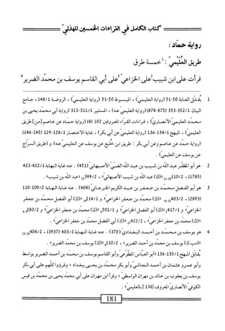 ‫كتاب‬
‫الكامل‬
‫رالتراءات‬
‫الخمهث‬
"‫للهذلي‬
‫رواة‬
‫د‬1ْ‫ح‬
:
َُْ
‫س‬
‫ئ‬
‫طريق‬
‫العليس‬
;
‫حمسة‬
‫طرق‬
‫قرأت‬
‫على‬
‫ابن‬
‫سسبأض‬
‫الخزاعي‬
‫تحر‬
‫أيي‬
‫القاسم‬
‫يوسف‬
‫بن‬
‫محمد‬
‫الضرير‬
1
‫مب‬
‫ال‬
‫الغاة‬
50
-
51
‫(رواية‬
)‫العفي‬
،
‫ْل‬‫و‬ّ‫د‬‫ا‬
50
15-
‫(رواية‬
)‫العلمي‬
،
‫الروضة‬
148/1
،
‫جامع‬
‫السان‬
352/1
-
353
(
875
-
878
‫)(رواية‬
‫العلمي‬
،)_
‫اكر‬
311/1
-
313
‫(رواية‬
‫أيي‬
‫محمد‬
‫بمي‬
‫بن‬
‫محمد‬
‫اللمس‬
‫الأنح‬
)‫اري‬
،
‫يراءايته‬
‫القراء‬
‫المعروفن‬
102
)٠(
‫(رواية‬
‫حماد‬
‫عن‬
‫عاص‬
]‫[من‬
‫حلريق‬
)‫العلمي‬
،
‫الهج‬
134/1
-
136
‫(رواية‬
‫العلمي‬
‫عنأبي‬
)‫كر‬
،
^‫م‬
‫ة‬
‫الاختمار‬
128/1
-
129
(
145
-
146
)
‫(رواية‬
‫حمد‬
‫عن‬
‫عاصم‬
‫وعن‬
‫أبي‬
‫بكر‬
‫؛‬
‫طريقط‬
‫ُن‬‫ا‬
‫حليع‬
‫عن‬
‫يوسف‬
‫عن‬
‫العلمي‬
‫عنه‬
‫آ‬
‫و‬
‫(طريقا‬
‫السراج‬
‫عن‬
‫يوسف‬
‫عن‬
)‫اسي‬
٠
2
‫ه‬
‫اجلفلتر‬‫و‬‫أب‬‫و‬
‫ب‬
‫الله‬
‫بن‬
‫شيب‬
‫بن‬
‫بل‬
‫اث‬
‫اض‬
‫الأصهاني‬
(
451
)
.
324‫بم‬22/‫عنهغايةالهاةل‬
(
1785
)
،
110/2
‫ول_لل‬
)‫رر(ك‬
‫عيد‬
‫الله‬
‫بن‬
‫شيب‬
،‫الأصبهانيء‬
،
99/2
‫ل‬5‫ق‬
‫ررعبد‬
‫الله‬
‫بن‬
»_
.
3
‫ه‬
‫و‬
‫أبو‬
‫الفضل‬
‫محمد‬
‫بن‬
‫جعفر‬
‫بن‬
‫عبد‬
‫الكريم‬
‫الحرجاني‬
(
408
)
.
‫عنه‬
‫غاية‬
‫النهاية‬
9/2
~1‫ه‬
110
(
2893
،)
403/2
‫إل‬‫و‬
‫إ‬‫ق‬
)‫رر(ك‬
‫محمد‬
‫بن‬
‫جعفر‬
‫؛ا‬،‫الخزاعي‬
‫و‬
14/1
‫مإ‬
)‫رر(ك‬
‫أبو‬
‫الفضل‬
‫محمد‬
‫بن‬
‫جعفر‬
))‫اعي‬‫ز‬‫الخ‬
‫و‬
417/1
‫و‬
)‫رر(ك‬
‫أبو‬
‫الفضل‬
))‫اعي‬‫ز‬‫الخ‬
‫و‬
501/1
‫ه‬
)‫رر(ك‬
‫سند‬
‫ين‬
‫جعفر‬
)،‫اعي‬‫ز‬‫الخ‬
‫و‬
3280/2
‫ه‬.
)‫رر(ك‬
‫محمد‬
‫بن‬
‫جعفر‬
))‫الخزاعي‬
،
422/1
‫إ‬‫و‬
)‫رر(ك‬
‫أبي‬
‫الفضل‬
‫محمد‬
‫ين‬
‫جعفر‬
))‫الخزاعي‬
.
4
‫ه‬
‫و‬
‫يوصف‬
‫بن‬
‫محمد‬
‫بن‬
‫أحمد‬
‫البغدادي‬
(
370
)
.
‫عنه‬
‫غاية‬
‫النه‬
‫اية‬
403/2
(
3937
)
،
404/2
2‫_و‬2‫بم‬
‫ار(مآا‬
)‫ك‬
‫يوسف‬
‫بن‬
‫محمد‬
‫بن‬
‫أحمد‬
))‫الضرير‬
،
110/2
‫ه‬
)‫رر(ك‬
،‫يوسف‬
‫بن‬
‫محمد‬
))‫الضرير‬
.
‫ابل‬‫ق‬‫ي‬
‫المبهج‬
135/1
-
136
‫أيو‬‫ر‬‫ر‬
‫العباس‬
‫المطوعي‬
‫أبو‬‫و‬
‫القاسم‬
‫يوسف‬
‫بن‬
‫محمد‬
‫بن‬
‫أحمد‬
‫الضرير‬
‫بواسط‬
‫أبو‬‫و‬
‫صرو‬
‫عشمان‬
‫بن‬
-،‫أحم‬
‫النجاشي‬
‫أبو‬‫و‬
‫م‬
-‫محن‬
‫بن‬
‫بمي‬
‫بمنداد؛‬
‫وقرودا‬
‫كنهم‬
‫على‬
،‫أنح‬
‫بم‬
‫يوش‬
‫بن‬
‫تعقوب‬
‫بن‬
‫خالد‬
‫بن‬
‫مهران‬
‫الواض؛‬
‫أ‬‫ر‬‫وق‬
‫ابن‬
‫مهران‬
‫على‬
‫أبي‬
‫محني‬
‫بمصي‬
‫بن‬
‫محني‬
‫بن‬
‫مس‬
‫الخوفي‬
،‫المعروف‬
[
136
]
»__)‫؛‬
.
‫—=^^س=ا‬
181
^‫ا—=^ء‬
 