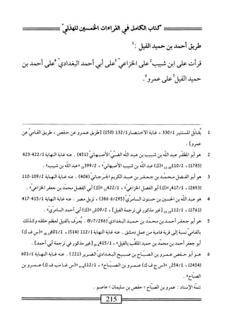 ^==
‫كتاب‬
‫لأى«لفىماءات‬
‫افن‬
‫ص‬
=^=:
‫ؤلريق‬
‫أحمدبن‬
‫حميد‬
‫الميل‬
•
‫قرأت‬
‫على‬
‫ابن‬
‫سيب‬
‫على‬
‫الخزاعي‬
‫تحر‬
‫أبي‬
‫أحمد‬
‫الخيالي‬
‫ممر‬
‫أحمد‬
‫بن‬
‫حميد‬
‫الميل‬
‫على‬
‫عمرو‬
•
1
‫ي‬
‫قابل‬
‫الستنير‬
0/1
3‫ة‬
،
‫غاية‬
‫قل‬2/‫الأختصارل‬
‫ر‬
50
)‫ل‬
‫[طريق‬
‫عمرو‬
‫عن‬
،‫حنص‬
‫طريق‬
‫النامي‬
‫عن‬
‫عمروا‬
•
2
‫ه‬
‫و‬
‫أبو‬
‫الظفر‬
‫عد‬
‫الذ‬
‫بن‬
‫ثسب‬
‫بن‬
‫عبد‬
‫الله‬
ّ‫ي‬‫اك‬
(ّ‫ز‬‫الأصها‬
451
)
.
‫غايةالهاية‬،‫عت‬
422/1
423
(
1785
)
،
0/2
)‫لل«(ك‬.‫ل‬0‫أل‬
‫عد‬
‫اش‬
‫بن‬
‫ثبيب‬
))‫اني‬‫ه‬‫أصب‬‫ل‬‫ا‬
،
399/2
»‫ولررءبدالذبنب‬
.
3
‫ه‬
‫و‬
‫أبوالفضل‬
‫محمد‬
‫بن‬
‫جعفر‬
‫بن‬
‫عبد‬
‫الكريم‬
‫الحرجاني‬
(
408
)
.
‫عنه‬
‫غاية‬
‫النه‬
‫اية‬
109/2
‫أأ‬0"
(
2893
)
،
417/1
)‫ورر(ك‬
‫الفضل‬‫و‬‫أب‬
>)ّ‫ض‬‫ا‬‫ز‬‫الخ‬
،
5422/1
‫ل‬
)‫رر(ك‬
‫أبي‬
‫الفضل‬
‫سد‬
‫بن‬
‫جعفر‬
،)‫اعي‬‫ز‬‫الخ‬
.
4
‫ه‬
‫وعبد‬
‫الذ‬
‫بن‬
‫الحسين‬
‫بن‬
‫حنون‬
‫المامري‬
(
6/295
-
386
)
،
‫نزيل‬
.‫مصر‬
‫عثه‬
‫غاية‬
‫المهاية‬
415/1
-
417
(
1761
،)
‫ل‬3.‫ل‬0‫أأ‬2/‫أ‬
]‫ْالكورفيباكل‬‫ر‬‫لغي‬
،
09/2
‫ضرا(ك)أ؛ي‬
‫أحمد‬
‫ّ)ا‬‫ى‬‫ام‬
.
5
‫ه‬
‫وأبوجعفر‬
‫أحمد‬
‫بن‬
‫محمد‬
‫بن‬
‫حميد‬
‫البغدادي‬
(
9/7/286
)
.
‫يعرف‬
‫الفيل‬‫ب‬
‫لعظم‬
‫حلقه‬
،‫وكدللئ‬
‫بالفامي‬
‫نسبة‬
‫إلى‬
‫قرية‬
‫فامنة‬
‫من‬
‫عمل‬
.‫دمشق‬
‫عنه‬
‫غاية‬
‫النهاية‬
112/1
(
514
)
،
601/1
_(«‫ِول‬‫إ‬‫أ‬
‫ف‬
)‫ك‬
‫أبوجعفر‬
‫أحمد‬
‫بن‬
‫محمد‬
‫بن‬
‫حميد‬
‫الملمب‬
،،‫الفيل‬‫ب‬
،
415/1
‫إ‬‫و‬_‫ه‬
‫[غير‬
‫مذكور‬
‫فى‬
‫ترحمة‬
‫أبي‬
]‫أحمد‬
.
6
‫ه‬
‫وأبوحفص‬
‫عمروبن‬
‫الصباح‬
‫بن‬
‫صبيح‬
‫البغدادي‬
‫الضرير‬
(
221
)
.
‫عنه‬
‫غاية‬
‫النهاية‬
601/1
(
2454
)
،
254/1
‫إ‬_
‫رر(سج‬
‫ف‬
)‫ك‬
‫عمرو‬
‫بن‬
،،‫الصباح‬
،
112/1
‫ٍو‬‫و‬
١١
(
‫س‬
‫غا‬
‫مب‬
‫ف‬
)‫ك‬
‫عمرو‬
‫بن‬
،،‫الصباح‬
.
‫تتمة‬
‫الإسناد‬
!
‫عمروبن‬
‫الصباح‬
>
‫حفص‬
‫بن‬
‫سليمان‬
>
‫عاصم‬
•
 