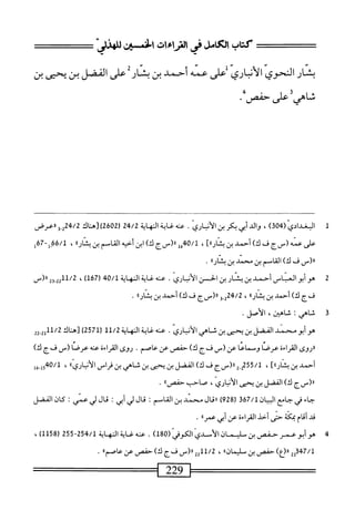 ‫كتاب‬
‫الكامل‬
‫رهوس‬
‫افن‬
"‫صذو‬
‫بنار‬
‫النحوي‬
‫الأساري‬
‫على‬
‫عمه‬
‫أحمد‬
‫بن‬
‫بنار‬
‫على‬
‫الفضل‬
‫بن‬
‫يحيى‬
‫بن‬
‫شاهي‬
‫على‬
‫حمص‬
•
1
‫ا‬
)03‫وغدادي(مج‬
،
‫والد‬
‫ربكر‬
‫بن‬
.
‫محه‬
‫ي‬
‫اكهاة‬
24/2
‫ر‬
2602
‫)[هاك‬
‫بش«ءرض‬/2
‫على‬
‫عمه‬
‫(سج‬
‫ف‬
)‫ك‬
‫أحمد‬
،‫رااآ‬1‫بن؛ش‬
40/1
‫إ‬‫غ‬
‫ال(رسج‬
)‫ك‬
‫ابن‬
‫أحيه‬
‫القاسم‬
‫بن‬
‫بشارو‬
،
‫_إ‬66/‫ل‬
76~
‫إ‬
‫ار(س‬
‫ف‬
)‫ك‬
‫القاسم‬
‫بن‬
‫محمد‬
‫بن‬
‫بشارا؛‬
.
2
‫ه‬
‫و‬
‫أبو‬
‫العماس‬
‫أحمد‬
‫بن‬
‫بثار‬
‫بن‬
‫الحسن‬
‫الأنباري‬
.
‫عنه‬
‫اية‬—‫غ‬
‫النهاية‬
0/1
4*
)‫ل‬76‫ر‬
،
2‫أ‬.22‫تم'لل‬
‫لر(س‬
‫فج‬
)‫ك‬
‫أحمد‬
‫بن‬
،‫ا‬‫ر‬‫ا‬‫ث‬‫ي‬
،
‫ِو‬2‫'ن‬‫ي‬‫ثمم‬
‫ار(سج‬
‫ف‬
)‫ك‬
‫أحمد‬
‫بن‬
،‫ا‬‫ر‬‫ا‬‫ش‬‫ب‬
.
3
‫ش‬
‫اهي‬
:
،‫ثاهن‬
.‫الأصل‬
‫هو‬
‫أبو‬
‫محمد‬
‫المضل‬
‫بن‬
‫يحمى‬
‫بن‬
‫شاهي‬
‫الأنباري‬
.
‫عنه‬
‫غاية‬
‫النهاية‬
11/2
‫رل‬
257
)
‫تهتاك‬
‫ةمللإ‬
22.2
‫ءروى‬
‫القراءة‬
‫عرصا‬
‫وسماعا‬
_(‫عن‬
‫فاج‬
)‫ك‬
‫حفص‬
‫عن‬
.‫عاصم‬
‫روى‬
‫القراءة‬
‫عنه‬
_(‫عرصا‬
‫ن‬
‫اج‬
)‫ك‬
‫أحمد‬
‫بن‬
‫اء‬‫؛‬‫ار‬‫ث‬‫ب‬
،
2-‫'ققم‬‫م‬‫لت‬
‫رررسج‬
‫ف‬
)‫ك‬
‫الفضل‬
‫بن‬
،‫يحتك‬
،‫ن‬‫ب‬
،‫شاهي‬
‫بن‬
‫فراس‬
‫الأباريءا‬
،
،‫لمهأ‬
15
61-
١١
(
‫س‬
‫ج‬
)‫ك‬
‫الفضل‬
‫ين‬
‫يحيى‬
‫الأنباري‬
،
‫صاحب‬
))‫حفص‬
.
‫حاء‬
‫في‬
‫جامع‬
‫ان‬‫ي‬‫اي‬
367/1
‫ر‬
928
)
‫ّم‬‫ا‬‫د؛نالق‬1‫ررقالس‬
:
‫ال‬‫ق‬
‫لي‬
‫أبي‬
:
‫ال‬‫ق‬
‫لي‬
‫عني‬
:
‫كان‬
‫الفضل‬
‫قد‬
‫أقام‬
‫ممكة‬
‫حتى‬
‫أحذ‬
‫القراءة‬
‫عن‬
‫أبي‬
))‫عمر‬
.
4
‫ض‬
‫ص‬
‫بن‬
‫يمان‬
‫الأسدياتكوفي‬
(
180
)
.
‫عنه‬
‫غاية‬
‫المهاية‬
254/1
-
255
(
1158
)
،
347/1
‫إي‬
)‫اا(ع‬
‫حفص‬
‫بن‬
))‫سليمان‬
،
11/2
‫يق‬
‫لا(س‬
‫زج‬
)‫ك‬
‫حفص‬
‫عن‬
))‫عاصم‬
.
 