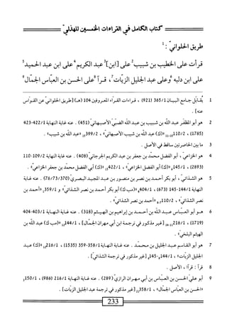 ‫طريق‬
‫الخلواذ‬
‫كتاب‬
‫ص‬
‫رصزاءات‬
‫الخميث‬
‫للهزز‬
‫قرأت‬
‫على‬
‫ْليب‬‫خ‬‫ال‬
‫بن‬
‫شبيب‬
‫على‬
‫اينء‬-‫ا‬
‫همد‬
‫الكريم‬
‫على‬
‫ابن‬
‫شد‬
‫الحميد‬
'‫^صهم^ضاضينانماسالخنال‬
1
‫مب‬
‫ال‬
‫جامع‬
‫المان‬
365/1
(
921
)
،
‫فراءات‬
‫اء‬"‫المر‬
‫انمروفض‬
104
)‫(م‬
‫[طريق‬
‫اني‬‫و‬‫الخل‬
‫ص‬
‫المو'اس‬
]‫محه‬
.
2
‫ه‬
‫و‬
‫أبوالظنر‬
‫عبد‬
‫الله‬
‫بن‬
‫شب‬
‫بن‬
‫عد‬
‫الذ‬
‫اكإي‬
(ّ‫ي‬‫الآصان‬
451
)
.
‫عنه‬
‫اية‬‫غ‬
224/‫المهاةل‬
24‫ق‬
‫ر‬
1785
)
،
‫لول_لل‬1‫ه‬/2
)‫رر(ك‬
‫عد‬
‫الله‬
‫بن‬
‫شسب‬
»‫اني‬‫ه‬‫أصب‬‫ل‬‫ا‬
،
399/2
‫ول‬
»‫ررءداطهينبي‬
.
3
‫م‬
‫ا‬
ju
‫؛‬
‫الخاصرت؛ن‬
‫ساقط‬
‫في‬
.‫الأصل‬
4
‫ه‬
‫و‬
،‫الخزاعي‬
‫أبو‬
‫الفضل‬
‫محمد‬
‫بن‬
‫جعفر‬
‫بن‬
‫عبد‬
‫الكريم‬
‫الحرحاني‬
(
408
)
.
‫عنه‬
‫غاية‬
‫اية‬‫ه‬‫الن‬
109/2
1‫ل‬0"
‫سل‬
‫سدينجعفرالخزي‬
.
5
‫ه‬
‫و‬
،‫الشدائي‬
‫أبو‬
‫بكر‬
‫أحمد‬
‫بن‬
‫نصر‬
‫بن‬
‫منصور‬
‫بن‬
‫عيد‬
‫المجيد‬
‫البحري‬
(
76/73/370
)
.
‫عنه‬
‫غاية‬
‫النهاية‬
144/1
‫ل‬54"
‫ر‬
673
)
،
404/1
‫وال(مب‬
)‫ك‬
‫أبوبكر‬
‫أحمد‬
‫بن‬
‫نمر‬
،،‫الشذائي‬
‫و‬
/‫ل‬
359
‫إ‬
‫ارأحمد‬
‫بن‬
»ّ‫ي‬‫نصرالثذائ‬
،
0/2
‫و‬,7‫أأ‬
‫ررأحمد‬
‫بن‬
‫نصر‬
»‫ائي‬‫ذ‬‫الش‬
.
6
‫ه‬
‫وأبوالعباس‬
‫عبد‬
‫الله‬
‫بن‬
‫أحمد‬
‫بن‬
‫إبراهيم‬
‫بن‬
‫الهيثم‬
(
318
)
.
‫عنه‬
‫غاية‬
‫النهاية‬
403/1
~
404
)71‫ل‬9‫ر‬
،
‫لإ_هل‬2‫ةل‬/‫ل‬
‫[غير‬
‫مذكور‬
‫في‬
‫ترجمة‬
‫ابن‬
‫أبي‬
‫مهران‬
]‫الخمال‬
،
44/1
‫إ‬2‫ل‬
‫لا(مب‬
)‫ك‬
‫عبد‬
‫الله‬
‫بن‬
‫الهيثم‬
))‫اسي‬
.
7
‫م‬
‫د‬
‫الخليل‬
‫بن‬
‫سند‬
.
‫عنه‬
‫غاية‬
‫الهاية‬
358/1
-
359
‫ر‬
1535
)
،
16/1
‫تجلرر(ك)عثد‬
‫الخليل‬
))‫الزنات‬
،
]‫غيرطكورفىترجمةاضناش‬
.
8
‫ق‬
‫رلمث‬
‫ةرآا‬
،
.‫الأصل‬
9
‫أ‬
‫بوعلي‬
‫الحز‬
‫بن‬
‫انمناس‬
‫بن‬
‫أبي‬
‫مهران‬
‫الرازي‬
(
289
)
.
‫عنه‬
‫غاية‬
‫الهاية‬
216/1
(
986
)
،
150/1
‫ؤ‬
١١
‫الحمن‬
‫بن‬
‫العباس‬
‫ا‬،‫الخمال‬
،
358/1
2‫إ‬
‫وغير‬
‫مذكور‬
‫في‬
‫ترجمة‬
‫عبد‬
‫الخليل‬
‫الزياتء‬
.
 