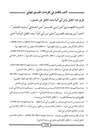 ‫كتاب‬
‫اهامرفى‬
‫التراءات‬
‫افن‬
‫ض‬
‫طريق‬
‫عد‬
‫الخليل‬
‫ابن‬‫و‬
‫أبي‬
‫أمية‬
‫وعبد‬
‫الخليل‬
‫عن‬
‫حنون‬
:
‫أحبرنا‬
‫القهندزي‬
‫عن‬
‫أبى‬
‫الحسين‬
‫عن‬
‫الثدائى‬
‫وعبد‬
‫العمار‬
،
‫أحمد‬
‫بن‬
‫يوسف‬
‫اكرير‬
‫على‬
‫ابن‬
‫أي‬
‫أمية‬
‫وهمد‬
‫ابليل‬
‫الرنان‬
‫على‬
1
‫ه‬
‫و‬
‫أبونصر‬
‫منصور‬
‫بن‬
/‫أحمد‬
‫محني‬
‫الهروي‬
.
‫عنه‬
‫غاية‬
‫المهاية‬
312/2
‫رل‬
365
)
‫و‬
313/2
‫ر‬
658
)‫ق‬
،
78/1
‫يإ‬
)‫را(ك‬
‫أبونصر‬
‫منصور‬
‫بن‬
‫محمد‬
‫القهندزياا‬
،
400/2
‫ق‬
)‫ار(ك‬
‫منصور‬
‫بن‬
‫أحمد‬
‫المهندزيءا‬
•
2
‫ص‬
‫علي‬
‫ن‬
‫سند‬
‫بن‬
‫الحن‬
‫الخرجاني‬
‫الخنازي‬
(
398
)
.
‫عنهظيةالهاة‬
577/1
-
578
‫ل‬
2342
)
،
‫ل‬7‫ل‬54/‫أ‬
‫ررعلي‬
‫بن‬
‫سمد‬
))‫الحاني‬
‫و‬
398/1
‫ي‬
)‫رر(ك‬
‫د‬1‫عليبنمح‬
»‫الحازي‬
،
2/2
‫أ‬
73
‫ج‬.
)‫رر(ك‬
‫أبي‬
‫الحسين‬
‫علي‬
‫بن‬
‫محمد‬
))‫الحاني‬
•
3
‫ه‬
‫و‬
‫أبو‬
‫كر‬
‫أحمد‬
‫بن‬
‫نصر‬
‫بن‬
‫منصور‬
‫المصري‬
(
373/370
)
.
‫عنه‬
‫غاية‬
‫النه‬
‫اية‬
144/1
-
145
‫ر‬
673
)
،
62/2
‫ول‬
)‫رر(ك‬
‫أبو‬
‫كر‬
))‫الثذاثي‬
‫و‬
359/1
‫ل‬
‫ررأحمد‬
‫بن‬
‫نصر‬
))‫الثذائي‬
،
577/1
))‫ولاا(ك)الثالائي‬
.
4
‫ه‬
‫وأبوالق‬
‫عجي‬
‫الخناربن‬
‫مد‬
‫اله‬
ّ‫ى‬‫لخوف‬
‫م‬
(ّ‫م‬‫الواخ‬
9/367
)
.
‫عنهغايةالهاية‬
397/1
-
398
‫ل‬
1692
)
،
62/2
)‫ل«(ك‬9.‫ول‬
‫عبد‬
‫الغفار‬
‫بن‬
‫عيد‬
‫الله‬
))‫الحضيمي‬
،
577/1
‫ول‬
)‫رررك‬
‫عبد‬
‫الغفار‬
))‫الحضيمي‬
.
5
‫أ‬
‫حمد؛‬
‫كدا‬
‫في‬
‫الأصل‬
‫دون‬
‫واوعطف؛‬
‫وهو‬
‫ا‬‫ل‬
‫يرجع‬
‫إلى‬
‫أبي‬
‫افن‬
،‫الحاني‬
‫بل‬
‫إلى‬
‫الشذائي‬
•
6
‫ع‬
‫نه‬
‫غاية‬
‫النه‬
‫اية‬
153/1
‫ر‬
712
)
)‫<ر(ك‬
‫أحمد‬
‫بن‬
‫يوسف‬
‫الضرير‬
‫ت‬
‫روى‬
‫القراءة‬
‫عن‬
)‫(ك‬
‫أبي‬
‫أيوب‬
‫الحافظ‬
)‫و(ك‬
‫ابن‬
‫أبي‬
‫أمية‬
.
‫روى‬
‫المراءة‬
‫عنه‬
)‫(ك‬
))‫الشذائي‬
،
62/2
‫إ‬‫و‬
‫وي‬
)‫رر(ك‬
‫أحمد‬
‫بن‬
‫يوسف‬
‫[في‬
‫الطيوع‬‫ا‬
)‫(يونس‬
]‫مصحثا‬
))‫الضرير‬
،
144/1
)‫إياا(ك‬
‫أحمد‬
‫بن‬
))‫يوسف‬
.
7
‫ه‬
‫و‬
‫محمد‬
‫بن‬
‫أحمد‬
‫أبي‬
‫جعفر‬
‫بن‬
‫الخليل‬
‫ين‬
‫أبي‬
‫أمية‬
‫العطار‬
.
‫عنه‬
‫غاية‬
‫النه‬
‫اية‬
62/2
‫ر‬
2726
)
،
‫الخليل؛نبيأنة))و‬
97/1
‫ررر(ك)ا؛نبي‬
‫أمة))و‬
53/1
•‫لهأرء(ك)اينأبيأض‬
8
‫ه‬
‫و‬
‫أبو‬
‫القاسم‬
‫عبد‬
‫الخليل‬
‫بن‬
‫محمد‬
.
‫عنه‬
‫غاية‬
‫النه‬
‫اية‬
358/1
-
359
(
1535
)
،
235/1
‫ل‬
)‫رر(ك‬
‫عد‬
‫الخليل‬
))‫ات‬‫ن‬‫الز‬
،
144/1
-‫و‬
145
‫ة‬
‫[غير‬
]‫مدكورفيباساني‬
.
 