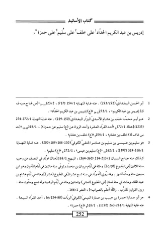 ‫كتاب‬
،‫الأناب‬
‫إدريس‬
‫بن‬
‫عبد‬
‫الكريم‬
‫الخيال‬
‫على‬
‫حلف‬
‫على‬
‫سلم‬
‫على‬
‫حمزة‬
•
1
‫أ‬
‫بوالخن‬
‫ابداس‬
(
293/292
)
.
‫عنه‬
‫<ةالهاة‬
154/1
)7‫ل‬7‫ر‬
،
23/2
‫بىإاا(سظجبف‬
‫إدريس‬
‫بن‬
‫عبد‬
®‫الكريم‬
،
2‫بم‬-32‫لمقآح‬
)‫رر(ع‬
‫إدريس‬
‫بن‬
‫عجي‬
‫الكريم‬
®‫الحداد‬
•
2
‫ه‬
‫و‬
‫أبو‬
‫محمد‬
‫خلف‬
‫بن‬
‫هشام‬
‫الأمدى‬
‫البزار‬
‫البغدادي‬
(
150
-
229
)
.
‫عنه‬
‫غاية‬
‫النهاية‬
272/1
-
274
(
1235
)
‫[هتاك‬
272/1
‫ِإ‬
‫ررأحد‬
‫القراء‬
‫العشرة‬
‫وأحد‬
‫الرواة‬
‫عن‬
)‫(ع‬
‫مليم‬
‫عن‬
‫حمزة‬
،‫ا‬
،‫آ‬
318/1
‫وإ_إإ‬
‫ار(ت‬
‫محي‬
‫غا‬
‫ف‬
)‫ك‬
‫حلف‬
‫بن‬
‫هشام؛؛‬
،
‫و‬51‫ج‬/1
١١
)‫(؛؛‬
‫حلف‬
‫بن‬
٠٠‫هشام‬
.
‫ت‬
‫ه‬
‫وطثم‬
‫بن‬
‫عنس‬
‫بن‬
‫محسليم‬
‫بن‬
‫ع‬
‫امر‬
‫الحنقى‬
(‫الكوفي‬
130
-
200/189/188
)
.
‫عنه‬
‫غاية‬
‫النهاية‬
319-318/1
(
1397
،)
5262/1
‫ل‬
®‫«(ع)دمبنمس‬
،
272/1
‫ل‬.
®‫ّدم‬)‫«ا(ع‬
.
‫كذلك‬
‫عنه‬
‫جامع‬
‫الهاز‬
213/1
-
214
(
360
-
364
)
،
‫المبهج‬
168/1
‫[هناك‬
‫ُلد‬‫و‬‫رر‬
‫قي‬
‫النصف‬
‫من‬
‫رحب‬
‫ستة‬
‫ثلانن‬
‫[في‬
‫المعلبؤع‬
])‫(ثلاث‬
‫ومائة‬
‫في‬
‫ام‬‫ي‬‫أ‬
‫مروان‬
‫بن‬
‫محمد‬
‫ونوءي‬
‫منة‬
‫ائت؛ن‬‫م‬
‫في‬
‫ام‬‫ي‬‫أ‬
‫المامون‬
‫وهو‬
‫ابن‬
‫سعن‬
‫ة‬‫ت‬‫س‬
‫وستة‬
‫أشهر‬
•
‫وقد‬
‫روي‬
‫أنه‬
‫ولد‬
‫في‬
‫محنة‬
‫تسع‬
‫عشرة‬
‫[في‬
‫الهلبؤع‬
])‫(عشر‬
‫ومائة‬
‫في‬
‫ام‬‫ي‬‫أ‬
‫هشام‬
‫بن‬
‫عبد‬
‫الملك‬
‫ومات‬
‫في‬
‫ستة‬
‫ثمان‬
‫[في‬
‫المهلبؤع‬
)‫(نماني‬
‫وثمانن‬
‫ومائة‬
‫في‬
‫أيام‬
‫الرشيد‬
‫وله‬
‫تسح‬
‫وستون‬
‫محمنة‬
.
‫وبن‬
‫القولنز‬
‫تقارب‬
٠
‫والله‬
‫أعلم‬
]®‫بالصواب‬
،
‫النشر‬
166/1
.
4
‫ه‬
‫و‬
‫أبو‬
‫عمارة‬
‫حمزة‬
‫بن‬
‫حبيب‬
‫بن‬
‫عمارة‬
‫الهمي‬
‫الكوفي‬
‫الزيات‬
-08(
6/154
)
،
‫أحد‬
‫القراء‬
‫السبعة‬
.
‫عنهغايةالهاية‬
261/1
-
263
(
1190
،)
318/1
)‫وار(ع)حمزةا‬
.
 