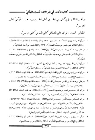 ‫كتاب‬
‫ص‬
‫فى‬
‫ص‬
'‫صذو‬
‫وأخبرنا‬
‫القهندزي‬
‫على‬
‫أبي‬
‫الحز‬
‫على‬
‫الحسن‬
‫بن‬
‫سعيد‬
‫المهنوعي‬
‫على‬
‫إدريس‬
•
1
‫ه‬
‫وأبو‬
‫نصر‬
‫منصور‬
‫بن‬
/‫أحمد‬
‫محنر‬
‫الهروي‬
.
‫عنه‬
‫غاية‬
‫النهاية‬
312/2
‫ر‬
3651
)
13‫ق‬/2‫و‬
‫ر‬
658
)‫ق‬
،
/‫ل‬
578
‫إ‬‫م‬‫ث‬
)‫را(ك‬
‫أبونصر‬
‫متصور‬
‫بن‬
‫محمد‬
‫ا‬،‫القهندزي‬
،
0/2
‫ع‬4'‫ه‬
)‫اا(ك‬
‫منصور‬
‫بن‬
‫أحمد‬
.
2
‫ه‬
‫ْسدينافن‬‫ن‬‫وعري‬
(‫الحرحانىانيي‬
398
)
.
‫محهغايةاله‬
/‫ايةل‬
577
-
578
(
2342
)
،
)‫بملتجل«(ك‬/‫ل‬
‫أبوافن‬
‫بن‬
‫سند‬
»‫الخنازي‬
،
2/2
)‫و«(ك‬.‫لم‬
‫أبي‬
‫الحسن‬
‫الي‬‫ع‬
‫بن‬
‫محني‬
‫ا‬،‫اذازي‬
•
3
‫ه‬
‫و‬
‫أبو‬
‫العباس‬
‫الحسن‬
‫ين‬
‫معيد‬
‫بن‬
‫جعفر‬
‫العباداني‬
‫البصري‬
‫العمري‬
(
371
)
.
‫عنه‬
‫غاية‬
‫النهاية‬
/‫ل‬
213
2‫ل‬5~
(
978
،)
‫هإ_ول‬51‫ج‬/1
‫رارب‬
)‫ك‬
‫الحسن‬
‫بن‬
‫محيي‬
،*‫الطوعي‬
،
577/1
‫وإ‬
>‫ااالطووضا‬
.
4
‫م‬
‫د‬
‫اص‬
‫الحداد‬
(ّ‫ي‬‫ابداد‬
293/292
)
.
51‫ج‬/1‫ءكغايةالنهاية‬
(
717
)
،
-2‫لمقآم‬
24
)‫رر(ع‬
‫إدريس‬
‫بن‬
‫عبد‬
‫الكريم‬
،،‫الحداد‬
،
02‫لرذلث‬
‫رر(مب‬
^
‫إدريس‬
‫بن‬
‫همد‬
٠٠‫الكريم‬
•
5
‫ه‬
‫و‬
‫عر‬
‫بن‬
‫سند‬
‫بن‬
‫الحس‬
‫الحرجاني‬
‫الخنازي‬
(
398
)
.
‫ءنهغايةالمه‬
‫اية‬
577/1
-
578
(
2342
،)
45/1
‫ل‬2‫أ‬
‫ارعلي‬
‫بن‬
‫سند‬
،،‫الحاني‬
،
7312/2
)‫ورر(ك‬.
‫أبي‬
‫الحين‬
‫ّ؛ن‬‫ي‬‫ءال‬
‫محني‬
،،‫الحاني‬
.
‫ة‬
‫ه‬
‫وأبويكر‬
‫أحمد‬
‫ين‬
‫نصر‬
‫ين‬
‫متصور‬
‫البصري‬
(
376/373/370
)
.
‫عنه‬
‫غاية‬
‫النه‬
‫اية‬
144/1
~
154
(
673
،)
404/1
‫و‬
‫رل(مب‬
)‫ك‬
‫أبوكر‬
‫أحمد‬
‫ين‬
‫نصر‬
،،‫الثداش‬
،
577/1
،،‫ولرر(ك)الشاواش‬
.
7
‫ه‬
‫و‬
‫أبوالعناس‬
‫عبد‬
‫الله‬
‫ين‬
‫أيد‬
‫ين‬
‫إبراهيم‬
(
318
)
.
‫عنه‬
‫غاية‬
‫النه‬
‫اية‬
403/1
-
404
(
1719
)
‫و‬
08/1
2‫إ‬_2‫جه‬
١١
(
،‫صب‬
)‫ك‬
‫عبد‬
‫الله‬
‫بن‬
‫أحمد‬
‫ين‬
‫مخلد‬
‫البلخي‬
‫هوعبد‬
‫الله‬
‫ين‬
‫أحمد‬
‫ين‬
‫إبراهيم‬
‫ين‬
‫الهيثم‬
.
،،‫تقدم‬
‫و‬
463/1
‫ه‬
‫ررعبد‬
‫الله‬
‫ين‬
‫الهيثم‬
‫البلمإهو‬
‫عبد‬
‫الله‬
‫بن‬
‫أحمد‬
‫ين‬
‫الهيثم‬
.
،،‫تقدم‬
،
154/1
‫إ‬‫و‬
)‫رر(ك‬
‫عبد‬
‫الله‬
‫ين‬
‫أحمد‬
‫بن‬
،،‫الهيثم‬
،
44/1
‫ل‬2‫أ‬
،‫رر(مب‬
)‫ك‬
‫عبد‬
‫الله‬
‫ين‬
‫الهيثم‬
،،ّ‫ا‬‫اسي‬
.
8
‫ه‬
‫وأبو‬
‫الحسن‬
‫س‬
‫ين‬
‫عبد‬
‫الكريم‬
‫الحداد‬
(ّ‫ي‬‫اوغداد‬
293/292
)
.
‫ءنهءايةالهاية‬
154/1
(
717
)
،
42-32‫لمقآح‬
)‫رر(ع‬
‫إدؤيس‬
‫ين‬
‫عبد‬
‫الكريم‬
،،‫الحداد‬
،
7-6،‫لمجه'ا‬
)‫رر(ك‬
‫إدريس‬
‫بن‬
‫همد‬
ُ‫ا‬‫الكريم‬
•
 