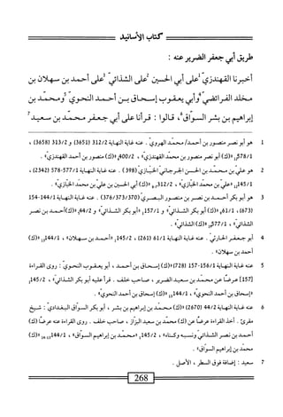 ‫كتاب‬
‫الأسانيش‬
‫طريق‬
‫أبي‬
‫جعفر‬
‫الصرير‬
‫عنه‬
•
‫أحمرنا‬
‫القهندزى‬
‫على‬
‫أبي‬
‫الحسين‬
‫^على‬
‫الشذايي‬
‫وعلى‬
‫أحمد‬
‫بن‬
‫سهلان‬
‫بن‬
‫مخلد‬
‫الفرايصى‬
‫وأبى‬
‫يعقوب‬
‫إسحاق‬
‫بن‬
‫أحمد‬
‫النحوي‬
‫ومحمد‬
‫بن‬
‫إبراهمم‬
‫بن‬
‫بشر‬
‫السواق‬
،
‫نالوا‬
‫؛‬
‫ئرأنا‬
‫على‬
‫أبي‬
‫جعفر‬
‫محمد‬
‫بن‬
‫سعيد‬
1
‫ه‬
‫و‬
‫أبو‬
‫نصر‬
‫منصور‬
‫بن‬
/‫أحمد‬
‫محن‬
.‫الهروي‬
‫عنه‬
‫غاية‬
‫النهاية‬
312/2
(
3651
)
‫و‬
313/2
‫ر‬
658
)‫ق‬
،
2578/1
‫إ‬
)‫رر(ك‬
‫أبونصر‬
‫منصور‬
‫بن‬
‫محمد‬
®‫القهندزي‬
،
00/2
‫م‬
)‫ار(ك‬
‫منصور‬
‫بن‬
‫أحمد‬
‫القهندزياا‬
.
2
‫ص‬
‫علي‬
‫بن‬
‫محني‬
‫بن‬
‫الحس‬
‫ابرجاني‬
‫الحنازي‬
(
398
)
.
‫عنهئيةالهاية‬
577/1
-
578
(
2342
)
،
‫أ‬2‫لمقهل‬
‫أرعلي‬
‫بن‬
‫محمد‬
®‫الخبازي‬
،
312/2
‫بو‬
)‫اا(ك‬
‫أبي‬
‫الخسين‬
‫بن‬
‫علي‬
‫بن‬
‫محمد‬
®‫الخبازي‬
•
3
‫ه‬
‫وأبوبكر‬
‫أحمد‬
‫بن‬
‫نصر‬
‫بن‬
‫منصور‬
‫البصري‬
(
376/373/370
)
.
‫عنه‬
‫غاية‬
‫النه‬
‫اية‬
51‫~ج‬1‫جج‬/1
(
673
،)
61/1
)‫و«(ك‬
‫أبوبكر‬
‫الث‬
»‫اني‬‫ل‬‫ا‬
‫و‬
157/1
‫ل‬
»‫ررأ؛وكرالخالار‬
‫و‬
‫ججو«(ك)أحمد‬/2
‫بن‬
‫نصر‬
))‫الخذائي‬
،
77/1
)‫ملاا(ك‬
‫الخذي‬
.
4
‫أ‬
‫بوحعمر‬
‫الحارثي‬
.
‫عنه‬
‫غاية‬
‫النهاية‬
61/1
(
261
)
،
5/2
‫ل‬1‫ج‬
‫ررأحمد‬
‫بن‬
)،‫سهلان‬
،
‫وإ‬1‫جج‬/1
)‫رر(ك‬
‫أحمد‬
‫بن‬
)‫سهلانا‬
•
5
‫ع‬
‫نه‬
‫غاية‬
‫النهاية‬
156/1
-
157
(
728
)
)‫رر(ك‬
‫إس_ءحاق‬
‫بن‬
،‫أحمد‬
‫أبو‬
‫يعقوب‬
‫النحوي‬
‫ت‬
‫روى‬
‫القراءة‬
‫أا‬75‫ت‬
‫عرضا‬
‫عن‬
‫محمد‬
‫بن‬
‫سعيد‬
،‫الضرير‬
‫صاحب‬
‫حالف‬
.
‫قرأ‬
‫عليه‬
‫أبوبكر‬
))‫الخدائي‬
،
145/2
‫إ‬
‫ررإسحاق‬
‫بن‬
‫أحمد‬
))‫النحوي‬
،
144/1
‫إ‬‫و‬
)‫رر(ك‬
‫إسحاق‬
‫بن‬
‫أحمد‬
)،‫النحوي‬
.
6
‫ع‬
‫نه‬
‫غاية‬
‫النهاية‬
44/2
(
2670
)
)‫رر(ك‬
‫محمد‬
‫بن‬
‫إبراهيم‬
‫بن‬
،‫بشر‬
‫أبوبكر‬
‫الخواق‬
‫البغدادي‬
‫شخ‬
‫مقرئ‬
.
‫أحد‬
‫القراءة‬
‫عرضا‬
‫عن‬
)‫(ك‬
‫محمد‬
‫بن‬
‫سعيد‬
،‫البراز‬
‫صاحب‬
‫حلف‬
.
‫روى‬
‫القراءة‬
‫عنه‬
‫عرضا‬
)‫(ك‬
‫أحمد‬
‫بن‬
‫نصر‬
‫الخدائي‬
‫ون‬
‫به‬
))‫وكناه‬
،
145/2
‫إ‬
‫ررمحمد‬
‫بن‬
‫إبراهيم‬
))‫السواق‬
،
144/1
‫وإ_هإ‬
)‫را(ك‬
‫مهحمد‬
‫بن‬
‫إبراهم‬
))‫المسواى‬
٠
7
‫ص‬
!‫عيد‬
‫إصافة‬
‫فوق‬
،‫الخطر‬
‫الأصل‬
.
 