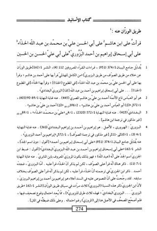 ^‫تتتتتتتتتتتتتتتتت^^^^تتتتتت‬
‫كتاب‬
‫الأمانيش‬
‫طريق‬
‫الوزان‬
‫عنه؛‬
‫قرأت‬
‫على‬
‫ابن‬
‫هاشم‬
‫على‬
‫أبي‬
‫الحسن‬
‫علي‬
‫بن‬
‫محمد‬
‫بن‬
‫عبد‬
‫الله‬
‫الحداء‬
‫على‬
‫أبي‬
‫إسحاق‬
‫إبراهيم‬
‫بن‬
‫أحمد‬
‫البروري‬
‫على‬،‫أ‬
‫أبي‬
‫علي‬
‫الحسن‬
‫بن‬
‫الحستتن‬
1
‫مب‬
‫ال‬
‫جامع‬
‫افان‬
74/1
‫ق‬
(
951
)
،
‫قراءات‬
‫ّاءارومح‬‫ر‬‫الة‬
112
،)4‫ر‬
‫الشر‬
/‫ل‬
162
‫[ريق‬
‫الوزان‬
‫عن‬
‫حلاد‬
‫من‬
‫طريق‬
‫الصواف‬
‫من‬
‫طريق‬
]‫الزوري‬
‫ررمن‬
‫الكامل‬
‫للهذلي‬
‫أ‬‫ر‬‫ي‬
‫ا‬‫ه‬‫ب‬
‫على‬
‫أحمد‬
‫بن‬
‫هاشم؛‬
‫وقرأ‬
‫يها‬
‫على‬
‫أبي‬
‫الحسن‬
‫علي‬
‫بن‬
‫محمد‬
‫بن‬
‫عبد‬
‫الله‬
‫الحداء‬
‫[في‬
‫المهلبؤع‬
])‫(الحذا‬
‫؛‬
‫وقرأبها‬
‫الحداء‬
‫[قي‬
‫المعلبؤع‬
])‫(الحذا‬
.
.
•
‫على‬
‫أبي‬
‫ّحاق‬‫إ‬
‫إبراهيم‬
‫بن‬
‫أحمد‬
‫بن‬
‫عند‬
‫الله‬
]‫[كذا‬
‫البزوري‬
»‫اوغدادى‬
.
2
‫ه‬
‫وأبو‬
‫الماس‬
‫اج‬‫ت‬
‫الأئمة‬
‫أحمد‬
‫بن‬
‫عار‬
‫بن‬
‫هاشم‬
‫المصري‬
(
445
)
.
‫عه‬
‫غاية‬
‫النهاية‬
89/1
09-
(
403
)
،
7572/1
)‫رر(ك‬
‫أبو‬
‫العباس‬
‫أحمد‬
‫بن‬
‫علي‬
‫بن‬
‫هاشم؛؛‬
،
98/2
‫ِوإ‬‫إ‬7‫ق‬
)‫رر(ك‬
‫أحمد‬
‫بن‬
‫علي‬
‫بن‬
،‫هاشم؛‬
.
3
‫ا‬
(ّ‫ي‬‫لبغداد‬
415
)
.
‫عنه‬
‫غاية‬
‫المهاية‬
572/1
(
2320
)
،
4/1
‫ول‬
‫ض‬
‫بن‬
‫سند‬
))‫الحداء‬
،
89/1
‫ثس‬
‫[غير‬
‫مذكور‬
‫في‬
‫ترحمة‬
‫ابن‬
]‫هاشم‬
.
4
‫ا‬
‫لزوري‬
:
،‫الهرورى‬
‫الأصل‬
•
‫هوإبراهم‬
‫بن‬
‫أحمد‬
‫بن‬
‫إبراهيم‬
‫البغدادي‬
(
361
)
.
‫محه‬
‫غاية‬
‫المهاية‬
4/1
،)3(
‫لمل‬٥‫لم‬
‫~للم‬
‫[غير‬
‫مذكور‬
‫في‬
‫ترحمة‬
]‫الصواف‬
،
572/1
))‫غررإ؛راهيم؛نأحمدالبزوري‬
.
‫عنه‬
‫ابل‬‫ق‬‫ي‬
‫جامع‬
‫ان‬‫ي‬‫الب‬
374/1
(
951
)
‫راعلى‬
‫أبي‬
‫اسمهحاق‬
‫إبراهيم‬
‫بن‬
))‫أحمد‬
‫[أقول‬
I
‫دون‬
‫امم‬
]‫الحد‬
،
‫النشر‬
162/1
‫ررعلى‬
‫أبي‬
‫إسحاق‬
‫إبراهيم‬
‫بن‬
‫أحمد‬
‫بن‬
‫عبد‬
‫الله‬
‫البزوري‬
))‫البغدادي‬
‫[أقول‬
I
‫صثهل‬
‫ابن‬
‫الحزري‬
‫امحم‬
‫الحد‬
‫على‬
‫أنه‬
‫(عبد‬
)‫الله‬
‫؛‬
‫فهو‬
‫بذلك‬
‫يكون‬
‫المروري‬
‫المعروف‬
‫ابن‬‫ب‬
‫ابري‬‫ن‬‫الم‬
.
‫عنه‬
‫غاية‬
‫النهاية‬
7/1
(
11
)
.
‫ذكرهناكأنه‬
‫قرأعلى‬
،‫الخواف‬
‫لكنلميدكر‬
‫أذالحداء‬
.‫قرأعليه‬
،‫زوري‬J‫أناا‬
‫فجيم‬
‫أحمد‬
.
‫ذكر‬
‫ابن‬
‫الحزري‬
‫في‬
‫ترحمته‬
‫أن‬
‫الحداء‬
‫أ‬‫ر‬‫ق‬
،‫عليه‬
‫لكن‬
‫لم‬
‫يذكر‬
‫أنه‬
‫قرأ‬
‫على‬
‫الصواف‬
‫بخلاف‬
‫م‬‫ح‬
.‫ابقه‬
‫لقد‬
‫رجحت‬
‫على‬
‫أن‬
‫المنصوص‬
‫عليه‬
‫في‬
‫ال‬
‫ند‬
‫أعلاه‬
‫هوإبراهيم‬
‫بن‬
‫أحمد‬
‫بن‬
‫إبراهيم‬
،‫البروزي‬
‫لأن‬
‫ابن‬
‫الحزري‬
‫ذكر‬
0‫هذ‬
‫الن‬
‫ية‬
)‫(البزوري‬
‫ثلاث‬
‫مرات‬
‫في‬
‫سياق‬
‫طريق‬
‫الوزان‬
‫[الشر‬
162/1
‫ررطريق‬
‫البزوري‬
•
•
•
‫البزوري‬
‫البغدادي؛‬
‫فهدم‬
‫ثلاث‬
‫طرق‬
]®‫للبزوري‬
،
‫ا‬‫م‬‫م‬
‫يبعد‬
‫احتمال‬
‫وقؤع‬
‫تصحيف‬
‫فيها‬
،
‫فلم‬
‫أصحح‬
‫المصحف‬
‫محي‬
‫الأصل‬
‫هنا‬
‫إلى‬
)‫(المروري‬
‫رغم‬
‫احتماله‬
.
‫وعلى‬
‫ذلك‬
‫صبيه‬
‫فى‬
]‫المس‬
.
=—=———
274
=———^
 