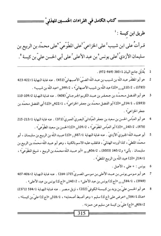 ‫كتاب‬
‫الكامل‬
‫رالراءات‬
‫افن‬
‫لصذر‬
‫طريق‬
‫ابن‬
:‫كية‬
‫ل‬
َ
‫قرأت‬
‫على‬
‫ابن‬
‫شيب‬
‫على‬
‫الخزاعي‬
‫على‬
‫ْلوص‬‫ل‬‫ا‬
‫على‬
‫محمد‬
‫بن‬
‫الربح‬
‫بن‬
‫لمان‬
‫الأزلي‬
‫أعلى‬
‫يونس‬
‫بن‬
‫همد‬
‫الأعلى‬
‫على‬
‫ر‬
‫الهن‬
‫علي‬
‫بن‬
‫كتة‬
•
1
‫مب‬
‫اتل‬
‫جامع‬
380/1 jUl
‫ر‬
969
-
972
)
.
‫ة‬
‫ه‬
‫و‬
‫أبو‬
‫المظنر‬
‫مد‬
‫الله‬
‫بن‬
‫شيب‬
‫بن‬
‫عبد‬
‫الله‬
‫الضى‬
‫الأصبهاز‬
(
451
)
.
‫عته‬
‫غاية‬
‫النهاية‬
422/1
-
423
)‫ل‬7‫رةة‬
،
‫أل‬.‫أ‬0‫هلل‬/2
)‫رر(ك‬
‫همد‬
‫الله‬
‫بن‬
‫ئسب‬
‫الأصبهانيء‬
،
399/2
‫ول‬
»‫ارباشينب‬
.
3
‫م‬
‫أبوالفضل‬
‫سند‬
‫بن‬
‫جعفر‬
‫بن‬
‫عد‬
‫ام‬
‫الحرجاني‬
(
408
)
.
‫محه‬
‫غاية‬
‫الهاة‬
109/2
-
110
(
2893
)
،
14/1
)‫مل«(ك‬
‫أبو‬
‫الفضل‬
‫نحل‬
‫بن‬
‫جعفر‬
»‫إ‬‫م‬‫ات‬‫ز‬‫الخ‬
،
422/1
‫أيي‬)‫ولرر(ك‬
‫الفضل‬
‫نحد‬
‫ن‬
‫جعفر‬
"‫الخزاعي‬
•
‫ج‬
‫ه‬
‫وأبوالعباس‬
‫الحسن‬
‫بن‬
‫معيد‬
‫بن‬
‫جعفر‬
‫اني‬‫د‬‫ا‬‫ت‬‫الع‬
‫البصري‬
‫العمري‬
(
371
)
.
‫عنه‬
‫اية‬‫غ‬
‫اية‬‫ه‬‫الن‬
213/1
-
215
‫ر‬
978
،‫ا‬
140/2
‫لل‬
‫ار(ك)أبوالعناس‬
»ّ‫ض‬‫الطو‬
،
09/2
‫أءل‬
)‫ار(ك‬
‫الحن‬
‫بن‬
‫معيد‬
))‫ّض‬‫و‬‫الط‬
.
‫ة‬
‫أ‬
‫بوعبيد‬
‫الله‬
‫الحيزي‬
‫الأردي‬
.
‫عنه‬
‫غاية‬
‫النهاية‬
487/1
‫ز‬
2
)‫ا(ك‬‫ل‬
‫عبيد‬
‫الله‬
‫بن‬
‫الربيع‬
‫بن‬
،‫مليمان‬
‫أبو‬
‫محمد‬
،‫الملطي‬
‫كذا‬
ْ‫د‬‫أور‬
،‫الهذلي‬
‫انقلب‬‫ف‬
‫عليه‬
‫الأمم‬
،‫الكنية‬‫ب‬
‫وهو‬
‫أبو‬
‫عبيد‬
‫الله‬
‫محمد‬
‫بن‬
‫الربيع‬
‫بن‬
‫سليمان‬
.
‫ا‬،‫اتي‬‫ي‬
‫و‬
140/2
(
3003
)
،
02-‫أ‬9‫ثممةهج‬
‫للأ؛وعبيد‬
‫الله‬
‫محمد‬
‫بن‬
،‫الرمع‬
‫مسخ‬
‫ا‬،،‫اطوهم‬
،
214/1
‫ل‬
)‫رر(ك‬
‫عبيد‬
‫الله‬
‫بن‬
‫الربح‬
»‫ْلي‬‫ل‬‫الم‬
.
6
‫ي‬
‫ونس‬
:
+
،‫علي‬
.‫الأصل‬
7
‫ه‬
‫وأبوموسى‬
‫يونس‬
‫بن‬
‫عبد‬
‫الأعلى‬
‫بن‬
‫موسى‬
‫المصري‬
(
170
-
264
)
.
‫عنه‬
‫غاية‬
‫المهاية‬
406/2
-
407
،‫^^^سرر(جك)يوصينءثدالأضىا‬
.
8
‫ه‬
‫و‬
‫أبو‬
‫افن‬
‫الي‬‫ع‬
‫بن‬
‫يزيد‬
‫بن‬
‫كي‬
‫ة‬
‫الكوفي‬
(
202
)
،
‫نزيل‬
.‫مصر‬
‫عنه‬
‫النهاة‬
584/1
(
2371
)
‫اك‬‫ن‬‫رره‬
‫ةقلل‬،‫لم'ا‬
‫ررعرض‬
‫على‬
‫(ج‬
)‫ك‬
‫سليم؛‬
‫وهوأصبعل‬
®‫أصحابه‬
،
‫ةأقول‬/‫أ‬
‫اررج‬
)‫ك‬
‫علي‬
‫بن‬
®‫كية‬
،
406/2
‫ول‬
)‫رر(م‬
‫على‬
‫بن‬
‫كية‬
‫عن‬
‫مليم‬
‫عن‬
®‫حمزة‬
.
 
