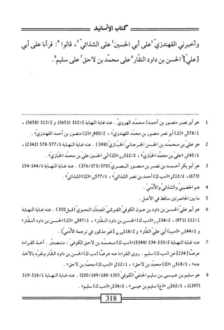 ‫كتاب‬
‫الأنابإ‬
‫وأخبرنى‬
‫القهندزي‬
‫على‬
‫أبى‬
‫الخسين‬
‫على‬
‫الشدائى‬
،
‫قالوا‬
:
‫ا‬‫ن‬‫أ‬‫ر‬‫ق‬
‫على‬
‫أبى‬
‫عليآ‬-‫ا‬
‫الحسن‬
‫بن‬
‫داود‬
‫ار‬‫ث‬‫ال‬
‫على‬
‫محمد‬
‫بن‬
‫لاحق‬
‫على‬
‫سليم‬
•
1
‫ه‬
‫وأبونصر‬
‫منصور‬
‫بن‬
/‫أحمد‬
‫محمد‬
‫الهروي‬
•
‫عنه‬
‫غاية‬
‫النهاية‬
2/2
‫لق‬
‫رل‬
365
)
‫ق‬1‫ق‬/2‫و‬
‫ر‬
658
)‫ق‬
،
‫<ؤل‬7‫ؤو‬/,
)‫رر(ك‬
‫أبو‬
‫نصر‬
‫منصور‬
‫بن‬
‫محمد‬
‫المهتدزيءا‬
،
‫ن‬
‫أحمد‬
‫اكهدزيء‬
.
2
‫ه‬
‫وعلي‬
‫ن‬
‫سد‬
‫بن‬
‫الخن‬
‫الحرحاني‬
‫الحنازي‬
(
398
)
.
/‫عنه<ةالهاةل‬
577
-
578
،)2‫ة‬24‫ر‬
45/1
‫إررعليينمحمدالحازىء‬2‫ل‬
،
2/2
‫ل‬
73
)‫ِوار(ك‬
‫أبي‬
‫الحسين‬
‫علي‬
‫بن‬
‫محمد‬
‫الخبازيءا‬
*
3
‫ه‬
‫و‬
‫أبوبكر‬
‫أحمد‬
‫بن‬
‫نصر‬
‫بن‬
‫منصور‬
‫البحري‬
(
376/373/370
)
.
‫عنه‬
‫غاية‬
‫النه‬
‫اية‬
-‫ل‬44/‫ل‬
54
‫ل‬
‫ر‬
673
،)
2/1
‫و«(ب‬2‫ل‬
)‫ك‬
‫أحمد‬
‫بن‬
‫نصر‬
»‫الثذائي‬
،
/‫ل‬
577
)‫ول«(ك‬
»‫الشدابي‬
.
‫ج‬
‫ه‬
‫م‬
‫الحضسي‬
‫والثذائي‬
‫والأدمي‬
•
5
‫م‬
‫ا‬
ju
،
‫ين‬J‫الحاصر‬
‫ساقهل‬
‫في‬
.‫الأصل‬
‫ق‬
‫ه‬
‫وأبوعلي‬
‫الحسن‬
‫بن‬
‫داود‬
‫بن‬
‫عون‬
‫الكوفي‬
‫القرشي‬
‫المعدل‬
‫النحوي‬
‫(قبل‬
350
)
.
‫عنه‬
‫غاية‬
‫المهاية‬
،_
97/1
»‫يرررك)افنينداوداسار‬
]‫َس‬‫د‬‫^^^^ئلغرض^بالأ‬
.
7
‫حم‬
‫ه‬
‫غاية‬
‫الهاية‬
233/2
-
234
(
3384
)
‫را(ب‬
)‫ك‬
‫محمد‬
‫ن‬
‫لاحق‬
‫الكوفي‬
:
.‫متصدر‬
‫أحذ‬
‫القراءة‬
‫عرصا‬
[
234
]
‫عن‬
‫(مب‬
)‫ك‬
‫مليم‬
•
‫روى‬
‫القراءة‬
‫عنه‬
‫عرصا‬
‫(مب‬
)‫ك‬
‫الحسن‬
‫ن‬
‫داود‬
‫الثار‬
‫وتفرد‬
‫بالأحد‬
»‫ءنه‬
،
8/1
‫ل‬
33
‫ل‬
)‫«(ك‬
‫محني‬
‫ن‬
»‫لأحق‬
،
/‫ل‬
212
‫ء‬
‫رر(ب‬
)‫ك‬
‫محني‬
‫ن‬
»‫لأحق‬
.
8
‫ه‬
‫و‬
‫يم‬
‫بن‬
‫عيسى‬
‫بن‬
‫مليم‬
‫الحفي‬
‫الكوفي‬
(
130
-
200/189/188
)
.
‫عته‬
‫غاية‬
‫المه‬
‫اية‬
318/1
-
319
(
1397
)
،
2/1
‫إ‬5‫قة‬
»‫«(ع)دمينسى‬
،
234/2
‫ل«(بك)ب‬
.
318
^==
 