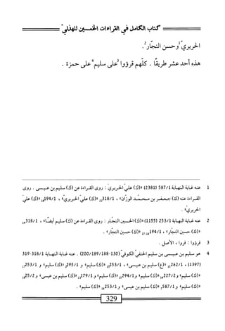 ‫كتاب‬
‫اص‬
‫فى‬
‫الراءات‬
‫افن‬
‫لاهزر‬
‫ُوحن‬‫ي‬‫الحرم‬
.‫الجارث‬
‫هده‬
‫أحد‬
‫عثر‬
‫ا‬‫ق‬‫حلري‬
*
‫كلهم‬
‫قرؤوا‬
‫على‬
‫مليم‬
‫على‬
‫حمرة‬
.
1
‫ع‬
‫نه‬
‫غاية‬
‫الهاية‬
587/1
)2‫ة‬18‫ر‬
)‫ار(ك‬
‫علي‬
‫الحريري‬
I
‫روى‬
‫القراءة‬
‫عن‬
)‫(ك‬
‫سليم‬
‫بن‬
.‫عيي‬
‫روى‬
‫القراءة‬
4‫ءن‬
)‫(ك‬
‫جعفر‬
‫بن‬
‫سند‬
»‫الوزان‬
،
8/1
2‫أقل‬
)‫ا(ك‬‫ر‬
‫عش‬
»‫الحريرى‬
،
‫لول«(ك)عالي‬9‫بم‬/1
»‫ا<يري‬
•
2
‫حم‬
52‫ق‬/1‫هغايةالهاية‬
‫ل‬
1155
‫)را(ك)افناسر‬
:
‫روى‬
‫القراءة‬
)‫عن(ك‬
‫مليم‬
»‫أيصا‬
،
18/1
‫قول‬
)‫«(ك‬
‫حسن‬
،)‫المنار‬
،
94/1
‫لءإآل‬
)‫رر(ك‬
‫حسين‬
»‫المنار‬
.
3
‫ق‬
‫رنوا‬
:
‫قروا‬
،
.‫الأصل‬
4
‫ه‬
‫و‬
‫يم‬
‫بن‬
‫عيس‬
‫بن‬
‫طيم‬
‫الحفي‬
‫الكوفي‬
(
130
-
200/189/188
)
.
‫عنه‬
‫غاية‬
‫المه‬
‫اية‬
318/1
-
319
(
1397
)
،
15262/1
))‫ّايم؛نءيس‬)‫رر(ع‬
،
253/1
))‫ّلم‬)‫ولرر(ك‬
‫و‬
95/1
،‫دما‬-)‫ماررك‬
‫و‬
53/1
‫مل‬
)‫ار(ك‬
،،‫ّلم‬
‫و‬
27/2
‫مل‬
)‫ار(ك‬
،،‫ملم‬
‫و‬
5294/1
)‫ل«(ك‬
،،‫يم‬-
‫و‬
79/1
‫ل‬3‫أ‬
)‫را(ك‬
‫طليم‬
‫بن‬
)،‫عيس‬
‫و‬
25/2
‫ول‬
،،‫ّاوم‬)‫«(ك‬
‫و‬
7587/1
)‫رر(ك‬
‫مليم‬
‫بن‬
،،‫عيسى‬
‫و‬
253/1
،،‫هل«(ك)ماوم‬
.
 