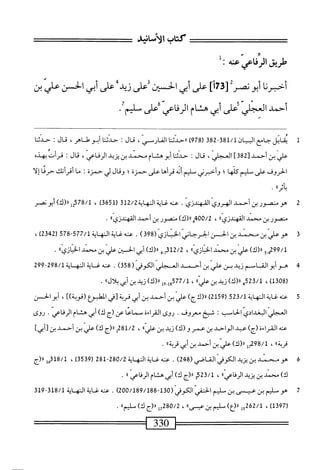 ‫كتاب‬
‫الأنانيد‬
‫<يقالرمستل‬
‫ثرنا‬-‫أح‬
‫أبونم‬
[
١٨
]
‫على‬
‫أبي‬
‫الجن‬
‫على‬
‫زيد‬
‫على‬
‫أبي‬
‫الحن‬
‫علي‬
‫بن‬
‫أحمد‬
‫انمجلي‬
‫ًءلى‬
‫أبي‬
‫هشام‬
"‫اعي‬‫ف‬‫الر‬
‫ءعلى‬
•'‫يم‬
‫ل‬
‫مب‬
‫ال‬
‫جامع‬
‫البيان‬
‫ق‬28-83‫ل‬/‫ل‬
‫ر‬
978
‫)رر‬
‫حدثنا‬
،‫الخارس‬
‫قال‬
:
‫حدثنا‬
‫أبو‬
،‫طاهر‬
‫قال‬
:
‫حدقا‬
‫علي‬
‫بن‬
‫أحمد‬
‫ق‬28‫ل‬
]
،
‫ئال‬
‫ت‬
‫حدثا‬
‫أبو‬
‫هشام‬
‫محمد‬
‫بن‬
‫يزيد‬
‫الرقاعي‬
،
‫قال‬
!
‫قرأت‬
‫بهذه‬
‫الحروف‬
‫على‬
‫سليم‬
‫ا‬‫ه‬‫كن‬
‫؛‬
‫وأخبرني‬
‫ليم‬-‫م‬
‫أنه‬
‫قرأها‬
‫على‬
‫حمزة‬
‫؛‬
‫وقال‬
‫لي‬
‫حمزة‬
‫ث‬
‫ما‬
‫أتك‬‫ر‬‫أق‬
‫حرئا‬
‫إلا‬
®‫أثر‬‫ب‬
•
2
‫ه‬
‫و‬
‫منصور‬
‫بن‬
‫أحمد‬
‫الهروى‬
‫القهندزي‬
.
‫عنه‬
‫غاية‬
‫الهاية‬
312/2
)‫ق‬56‫رل‬
،
78/1
‫يل‬
)‫رر(ك‬
‫أبو‬
‫نصر‬
‫منصور‬
‫بن‬
‫محمد‬
‫المهندزي؛؛‬
،
‫ههبمق‬/2
)‫رر(ك‬
‫متصور‬
‫بن‬
‫أحمد‬
‫المهندزي؛؛‬
•
3
‫ه‬
‫وعر‬
‫بن‬
‫محني‬
‫بن‬
‫الحسن‬
‫الحرحاني‬
‫الخنازي‬
(
398
)
.
‫عنه‬
‫لإة‬
‫المه‬
‫اية‬
577/1
-
578
‫ل‬
2342
)
،
5‫م‬99/‫ل‬
)‫رر(ك‬
‫علي‬
‫ين‬
‫سند‬
»‫الحازي‬
،
2/2
‫و‬.‫أم‬
)‫رر(ك‬
‫أبي‬
‫الحسن‬
‫الي‬‫ع‬
‫بن‬
‫سد‬
»‫اذازي‬
.
4
‫ه‬
‫و‬
‫أبو‬
‫القاسم‬
‫زيد‬
‫بن‬
‫علي‬
‫بن‬
‫أحمد‬
‫العجر‬
‫الكور‬
(
358
)
.
‫عنه‬
‫غ‬
‫اية‬
‫المه‬
‫اية‬
298/1
-
299
‫ل‬
1308
)
،
23/1
‫يرر(ك)زيد؛نعر)ا‬
،
77/1
»‫شلرر(ك)زيد؛نأنىبمل‬
.
5
‫ع‬
‫نهئيةالمهاية‬
523/1
(
2159
)
)‫رر(كج‬
‫علي‬
‫ين‬
‫أحمد‬
‫بن‬
‫أبي‬
‫قربة‬
‫[ر‬
‫ْلبوع‬‫ل‬‫ا‬
])‫(قوبة‬
،
‫أبو‬
‫الحسن‬
‫العجلي‬
‫البغدادي‬
‫ٌب‬‫ل‬‫ا‬
I
‫شخ‬
‫معروف‬
.
‫روى‬
‫القراءة‬
‫س‬
‫ماعا‬
‫عن‬
‫(ج‬
)‫ك‬
‫أبي‬
‫هشام‬
‫الرفاعي‬
•
‫روى‬
‫عنه‬
‫القراءة‬
،‫زج‬
‫عبد‬
‫الواحد‬
‫بن‬
‫عمر‬
‫و‬
)‫(ك‬
‫زيد‬
‫بن‬
®‫علي‬
،
‫أةم‬/2
‫رررج‬
)‫ك‬
‫علي‬
‫ين‬
‫أحمد‬
‫بن‬
]‫[أيي‬
®‫قربة‬
،
98/1
)‫مإرر(ك‬
‫عر‬
‫ين‬
‫أحمد‬
‫بن‬
‫أبي‬
))‫قربة‬
.
6
‫ه‬
‫و‬
‫محني‬
‫بن‬
ّ‫ر‬‫الكو‬
‫القاصي‬
(
248
)
.
‫عنه‬
‫غاية‬
‫المه‬
‫اية‬
280/2
-
281
‫ل‬
3539
)
،
18/1
‫مل‬
‫رر(ج‬
)‫ك‬
‫محمد‬
‫بن‬
‫يزيد‬
،‫الرفاعيا‬
،
523/1
‫و‬
‫ارزج‬
)‫ك‬
‫أبي‬
‫هشام‬
‫الرفاعي‬
‫ء‬‫ا‬
.
7
‫ط‬
‫م‬
‫الحفي‬
(ّ‫ى‬‫الكوف‬
200/189/188-130
)
.
‫عنه‬
‫غاية‬
‫المه‬
‫اية‬
318/1
-
319
(
1397
)
،
5262/1
‫ل‬
)‫«(ع‬
‫سلم‬
‫بن‬
»‫ءيس‬
،
80/2
‫م‬
‫(({ج‬
)‫ك‬
»‫توم‬
.
330
 