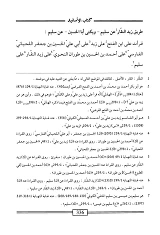 ‫كتاب‬
J‫لأراشا‬١
‫طريق‬
‫زيد‬
‫ار‬‫ث‬‫ال‬
‫عن‬
‫سليم‬
-
‫ويكنى‬
‫ا‬‫ب‬‫أ‬
‫الحستن‬
-
‫عن‬
‫سليم‬
:
‫قرأت‬
‫على‬
‫ابن‬
‫الفتحةعلىز؛دإض‬
‫أبي‬
‫علي‬
‫ابن‬
‫بن‬
‫جعفر‬
‫اللختاني‬
‫الغارس‬
‫على‬
‫أحمد‬
‫بن‬
‫الحز‬
‫بن‬
‫طوران‬
‫النحوي‬
‫أعلى‬
‫زيد‬
‫الثارءعلى‬
‫ملم‬
.
1
‫ا‬
‫ار‬‫ث‬‫ل‬
‫ت‬
‫ار‬‫ق‬‫ال‬
،
‫الأصل‬
•
‫كذلك‬
‫في‬
‫الموصع‬
‫الي‬‫ت‬‫ال‬
‫ه‬‫ل‬
،
‫ا‬‫ء‬
‫يخي‬
‫عن‬
‫ه‬‫ي‬‫التنب‬
‫عليه‬
‫في‬
‫موصعه‬
.
2
‫ه‬
‫و‬
‫أبو‬
‫بكر‬
‫أحمد‬
‫بن‬
‫محمد‬
‫بن‬
‫أحمد‬
‫بن‬
‫الفتح‬
‫القرصي‬
)4‫ق‬0‫(وعاو‬
.
‫عته‬
‫غاية‬
‫النهاية‬
104/1
(
476
)
‫تهناك‬
‫بمهل‬/‫ل‬
3.2
=‫ررذهمت‬
]‫الهذلي‬
‫أنه‬
‫أ‬‫ر‬‫ق‬
‫عر‬
‫ود‬
‫بن‬
‫علي‬
‫وعلى‬
‫اني‬‫ت‬‫الك‬
‫؛‬
‫فوهم‬
‫في‬
‫ذلك‬
•
‫وأين‬
‫هو‬
‫من‬
‫زيد‬
‫بن‬
‫علي‬
]»‫؟‬
،
298/1
2‫ِبم‬2‫و‬
)‫ار(ك‬
‫أحمد‬
‫بن‬
‫محني‬
‫بن‬
‫الفتح‬
‫ا‬‫م‬‫في‬
‫ذكره‬
»‫الهذلي‬
،
2‫ل‬-02‫ثممةوق‬
)‫رر(ك‬
‫أحمد‬
‫بن‬
‫محمد‬
‫بن‬
‫أحمد‬
‫بن‬
‫الفتح‬
‫الفرصيء‬
.
3
‫ه‬
‫و‬
‫أبو‬
‫الشام‬
‫زيد‬
‫بن‬
‫علي‬
‫بن‬
‫أحمد‬
‫المجلي‬
‫الكوفي‬
(
358
)
.
‫محه<دةالمه‬
‫اية‬
298/1
-
299
(
1308
)
،
)_(«‫ل‬5‫لموقة‬
‫زيد‬
‫بن‬
"‫على‬
،
‫ررزيدينن‬2‫لرجهل‬
•
4
‫ع‬
‫ه‬‫ن‬
‫غاية‬
‫النهاية‬
239/1
‫ر‬
1095
)‫)اا(ك‬
‫الحسين‬
‫بن‬
،‫حعفر‬
‫أبوعلي‬
‫اللحجاني‬
‫الفارسي‬
I
‫روى‬
‫القراءة‬
‫عن‬
)‫(ك‬
‫أحمد‬
‫بن‬
‫الحسن‬
‫بن‬
‫ان‬‫ر‬‫محلو‬
-
‫روى‬
‫القراءة‬
‫عنه‬
)‫(ك‬
‫زيد‬
‫بن‬
>‫ا‬‫ي‬‫عل‬
،
49/1
‫و‬
‫ررالحسن‬
‫بن‬
‫حعفر‬
))‫اللحياني‬
،
13298/1
)‫«(ك‬
‫الحن‬
‫بن‬
‫جعفر‬
))‫اللحياني‬
.
5
‫ع‬
‫نه‬
‫غاية‬
‫النهاية‬
49/1
)02‫(ق‬
)‫رر(ك‬
‫أحمد‬
‫بن‬
‫الحسن‬
‫بن‬
‫طوران‬
‫ت‬
.‫مقرئ‬
‫روى‬
‫القراءة‬
‫عن‬
)‫(ك‬
‫زيد‬
‫ار‬‫ف‬‫ال‬
‫عن‬
‫مليم‬
٠
‫روى‬
‫اءة‬‫ر‬‫الق‬
‫ه‬‫ت‬‫ع‬
‫الحسن‬
‫ين‬
‫جعفر‬
،‫اني؛‬‫ب‬‫اللح‬
،
2299/1
‫إ‬
)‫اا(ك‬
‫أحمد‬
‫بن‬
‫الحسن‬
‫[في‬
‫ْلبوع‬‫م‬‫ال‬
])‫(الحز‬
‫بن‬
‫طورانء‬
،
239/1
‫إ‬‫و‬
)‫را(ك‬
‫أحمد‬
‫بن‬
‫الحسن‬
‫بن‬
‫طوران؛؛‬
.
‫ة‬
‫ع‬
‫ه‬‫ن‬
‫غاية‬
‫النهاية‬
299/1
(
1310
)
)‫رررك‬
‫نيد‬
‫الثار‬
‫ت‬
‫روى‬
‫القراءة‬
‫عن‬
)‫(ك‬
.‫سليم‬
‫روى‬
‫القراءة‬
‫عنه‬
)‫(ك‬
‫أحمد‬
‫بن‬
‫الحس‬
‫بن‬
»‫ضران‬
،
i318/1
)‫رر(ك‬
‫ود‬
»‫الذار‬
،
9.‫و‬94/‫أ‬
)‫ار(ك‬
‫زيد‬
‫ار‬‫ث‬‫ال‬
‫عن‬
‫ب‬
.
‫آ‬
‫ه‬
‫ومليم‬
‫بن‬
‫عيس‬
‫بن‬
‫ماليم‬
‫الحفي‬
‫الكوفي‬
(
130
-
200/189/188
)
.
‫عنه‬
‫غاية‬
‫المه‬
‫اية‬
318/1
-
319
‫ر‬
397
)‫ل‬
،
‫ق‬2/‫ل‬
52
‫ل‬
)‫رر(ع‬
‫ملم‬
‫بن‬
>‫ءيسا‬
،
299/1
‫لل‬
)‫«(ك‬
،،‫ملم‬
.
 