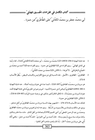 ^==
‫كتاب‬
‫ل‬.‫لأئ‬
‫فى‬
‫صتراءات‬
‫ص‬
‫للهذر‬
‫أبى‬
‫محمد‬
‫جعفر‬
‫بن‬
‫محمد‬
‫الكتاني‬
‫على‬
‫الطاطري‬
‫عن‬
‫حمزة‬ ٠٠
٠٠
‫س‬
1
‫ع‬
‫نه‬
‫غاية‬
‫النهاية‬
258/2
‫ر‬
453
)‫ق‬
)‫رر(ك‬
‫مهحمد‬
‫بن‬
،‫محمد‬
‫أبو‬
‫محقي‬
]‫[كذا‬
‫الكتاني‬
]‫[كذا‬
،
‫كذا‬
‫رأيته‬
‫في‬
‫كامل‬
‫الهذليإ‬
.
‫روى‬
‫اءة‬‫ر‬‫الق‬
‫عن‬
)‫(ك‬
‫الطاؤلري‬
‫عن‬
‫حمزة‬
.
‫روى‬
‫اءة‬‫ر‬‫الق‬
‫عنه‬
)‫(ك‬
‫أحمد‬
‫بن‬
‫محمد‬
‫بن‬
.‫انى‬i‫اطر‬J‫الحءناجا‬
»‫أعرفه‬‫أ‬‫ل‬
،
»ّ‫ى‬‫داعان‬1‫^حندبنص‬
.
2
‫ا‬
‫رى‬1‫اء‬‫ل‬‫له‬
‫لاهرى‬a‫ال‬
،
‫الأصل‬
.
‫هذه‬
‫النسمة‬
‫إلى‬
‫من‬
‫يبيع‬
‫ابيس‬‫ر‬‫الك‬
‫والثساب‬
‫السص‬
•
‫ينفز‬
‫أن‬‫ل‬‫ا‬
‫ا‬
‫يا‬
.173/8
‫هو‬
‫مروان‬
‫بن‬
‫محني‬
‫الطاطري‬
(
147
-
210
)
،
‫كما‬
‫حاء‬
‫في‬
‫عنوان‬
‫ايته‬‫و‬‫ر‬
‫أعلاه‬
.
‫عنه‬
‫غاية‬
‫المهاية‬
345/1
(
1492
)
‫ارالهلاءلري‬
)‫(بياض‬
‫عن‬
‫ا‬،‫حمزة‬
‫[تنبيه‬
‫لم‬
‫يترحم‬
‫ابن‬
‫الحزرى‬
‫له‬
‫في‬
‫غاية‬
‫النهاية‬
‫تحت‬
‫عنوان‬
‫(مروان‬
‫بن‬
])‫محمد‬
،
262/1
-‫و‬
263
‫و‬
‫[غير‬
‫مذكور‬
‫في‬
‫ترحمة‬
‫حمزة‬
‫الزيات‬
(
80
-
8/6/154
])
،
258/2
‫ول‬
)‫«(ك‬
‫الطاطري‬
‫عن‬
»‫حمزة‬
.
‫كذلك‬
‫عنه‬
‫الأن‬
‫اب‬
173/8
-
174
‫ررالمشهور‬
‫بهده‬
‫النسبة‬
‫مروان‬
‫بن‬
‫محمد‬
‫الهلاءلرى‬
‫من‬
‫أهل‬
.‫دمشق‬
‫يروى‬
‫عن‬
‫مالك‬
‫وسليمان‬
‫بن‬
‫بلال‬
‫ؤيزيد‬
‫بن‬
‫الممهل‬
.
‫روى‬
‫عنه‬
‫ابنه‬
‫إبراهيم‬
‫بن‬
‫مروان‬
‫بن‬
‫محمد‬
‫الطاؤلرى‬
‫ومحمد‬
‫بن‬
‫عبد‬
‫الرحمن‬
‫الحعثبي‬
‫ابن‬
‫أحي‬
‫الحسن‬
[
174
]
‫وحماعة‬
‫من‬
‫أهل‬
.‫الشام‬
‫مات‬
‫منة‬
‫عشر‬
‫ومادتين‬
‫وكان‬
‫مولده‬
‫سنة‬
‫مع‬
‫وأربعن‬
‫ومائة‬
.
‫ال‬‫ق‬
‫أحمد‬
‫بن‬
‫أبي‬
‫الحواري‬
‫قلت‬
‫لأحمد‬
‫بن‬
‫حنبل‬
‫ت‬
‫بلغتي‬
‫أنك‬
‫تثتي‬
‫على‬
‫مروان‬
‫بن‬
‫محمد‬
‫؟‬
‫قال‬
‫إنه‬
‫كان‬
،‫يذهب‬
‫مذمب‬
‫أهل‬
‫؛‬،‫العلم‬
.
 