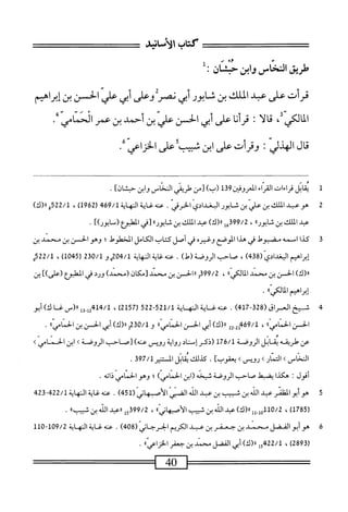 ْ‫م‬
َ
‫كني‬
،‫الآسانإ؛ذ‬
‫طريق‬
‫النخامن‬
‫وابن‬
‫حبشان‬
‫ت‬
‫قرأت‬
‫على‬
‫عبد‬
‫الملك‬
‫بن‬
‫شابور‬
‫أبي‬
‫نصر‬
‫وعلى‬
‫أبي‬
‫علي‬
‫الحسن‬
‫بن‬
‫إبراهمم‬
‫الكي‬‫م‬‫ال‬
،
‫ا‬‫ل‬‫ا‬‫ق‬
‫؛‬
‫ا‬‫ن‬‫أ‬‫ر‬‫ق‬
‫على‬
‫أبي‬
‫الحسن‬
‫عر‬
‫بن‬
‫أحمد‬
‫بن‬
‫عمر‬
‫انمحناس‬
.
‫قال‬
‫الهذلي‬
‫؛‬
‫وقرأت‬
‫على‬
‫ابن‬
‫محب‬
‫على‬
‫الخزاعي‬
•
1
‫ي‬
‫قابل‬
‫قراءات‬
‫القراء‬
‫ل‬93‫لعروفين‬،‫ا‬
)‫(ب‬
‫[من‬
‫طريقي‬
‫النحاس‬
‫وابن‬
]‫حبشان‬
.
2
‫ه‬
‫وبسينمحينشابور‬
‫العدائي‬
ّ‫ى‬‫ادف‬
.
‫عنه‬
‫غاية‬
‫المهاية‬
469/1
‫ر‬
1962
)
،
522/1
)‫ورر(ك‬
‫عبد‬
‫الملك‬
‫ين‬
®‫شابور‬
،
99/2
‫ققإ‬
)‫ار(ك‬
‫عبد‬
‫الملك‬
‫بن‬
ٌ‫ر‬‫شابو‬
،‫•^؛‬١
‫الطبؤع‬
‫ٌابور)ا‬‫ر‬
*
3
‫ك‬
‫ذا‬
‫اسمه‬
‫مضبومحل‬
‫في‬
‫هدا‬
‫الموصع‬
‫وغيره‬
‫في‬
‫أصل‬
‫كتاب‬
‫الكامل‬
‫الخطوط؛‬
‫وهو‬
‫الحز‬
‫بن‬
‫محمد‬
‫بن‬
(ّ‫ي‬‫إ؛راهماس‬
438
)
،
‫صاحب‬
‫الروصة‬
)‫(ط‬
.
‫عنه‬
‫اية‬‫غ‬
‫المهاية‬
04/1
‫مو‬
230/1
(
1045
)
،
‫م‬22/‫ل‬
)‫رر(ك‬
‫الحز‬
‫بن‬
‫محمد‬
‫إو‬‫ي‬‫الك‬‫م‬‫ال‬
،
399/2
‫و‬
‫ررالحن‬
‫بن‬
‫محمد‬
‫[مكان‬
)‫(محمد‬
‫ورد‬
‫في‬
‫المطبؤع‬
])‫رعلى‬
‫ين‬
‫إبرامم‬
))‫المالكي‬
.
4
‫ش‬
‫يخ‬
‫المراق‬
(
328
-
417
)
.
‫عنه‬
‫غ‬
‫اية‬
‫الهاية‬
521/1
-
522
(
2157
)
،
4/1
_(«‫ل‬3.‫ل‬2‫أبم‬
‫غا‬
)‫ك‬
‫أبو‬
‫الحسن‬
))‫امي‬‫ن‬‫الح‬
،
‫؟ى‬/
)‫ا(ك‬‫ر‬
‫أبي‬
‫الحسن‬
))‫الحنامي‬
‫و‬
3230/1
)‫رر(ك‬
‫أبي‬
‫الحسن‬
‫ين‬
))‫الحامي‬
.
‫عن‬
‫طريقه‬
‫يقابل‬
‫الروصة‬
176/1
‫(ذك—ر‬
‫إستاد‬
‫رواية‬
‫رؤيس‬
)‫عنه‬
‫[صاحب‬
‫الروصة‬
>
‫ابن‬
‫الحمامي‬
>
‫النحاس‬
>
‫التمار‬
٠١
‫رؤيس‬
>
]‫يعقوب‬
.
‫كذلك‬
‫يقابل‬
‫المستنير‬
397/1
.
‫أقول‬
‫هكذا‬
‫يضثهل‬
‫صاحب‬
‫الروصة‬
‫شيخه(ابن‬
)‫الحمامي‬
‫؛‬
‫وهو‬
‫الحمامي‬
‫ذاته‬
.
5
‫ه‬
‫وأبو‬
‫^ثد‬
‫اله‬
‫اكيالأصهاني‬
(
451
)
.
‫عنه‬
‫اية‬‫غ‬
‫الهاية‬
422/1
-
423
(
1785
)
،
110/2
)‫ول_لل«(ك‬
‫عبد‬
‫اله‬
‫بن‬
‫شيب‬
))‫اني‬‫ه‬‫أصب‬‫ل‬‫ا‬
،
399/2
‫ول‬
‫ررعبد‬
‫اله‬
‫بن‬
))‫ثبيب‬
.
6
‫ه‬
‫و‬
‫أبو‬
‫الفضل‬
‫محمد‬
‫ين‬
‫جعفر‬
‫بن‬
‫عبد‬
‫الكريم‬
‫الحرج—اني‬
(
408
)
.
‫عنه‬
‫غاية‬
‫النهاية‬
109/2
-
110
(
2893
)
،
15422/1
)‫رر(ك‬
‫أبى‬
‫الفضل‬
‫محني‬
‫بن‬
‫جعفر‬
))ّ‫ى‬‫الخزاع‬
.
 