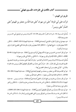 ‫كتاب‬
‫ل‬.‫لأى‬
‫فى‬
‫ت‬١‫ء‬١‫م‬
‫افن‬
‫ص‬
‫طريق‬
‫ابن‬
‫الهم؛‬
‫قرأت‬
‫على‬
‫أبي‬
‫اءيعلى‬‫ف‬‫الو‬
‫ابن‬
‫مهران‬
‫إعلى‬
‫مة‬
‫اش‬
‫بن‬
‫جعفر‬
‫بن‬
،<٠١٠^١
‫المار‬
‫على‬
‫رويس‬
•
‫ل‬
‫ي‬
‫قابل‬
‫المبسوط‬
،‫إة‬
‫قراءات‬
‫القراء‬
،‫المعرومح‬
‫ةتل‬
/2‫ل‬
)‫أ‬
‫(رواية‬
‫رويس‬
‫من‬
‫طريقي‬
‫أبي‬
‫الحسن‬
‫بن‬
‫مقسم‬
‫وهبة‬
)‫الذ‬
.
2
‫ه‬
‫ومه‬
/‫ّبنطرارا‬‫ي‬‫او‬
ْ‫ر‬‫را‬
)‫قبم‬0(ّ‫ي‬‫ّاباواد‬‫ص‬
.
‫عنه‬
‫غاية‬
‫المهاية‬
15/2
‫ق‬
‫ر‬
667
)‫ق‬
،
50/1
‫لغ‬
)‫رر(ك‬
‫مهدي‬
ْ‫ر‬‫طرا‬
،
‫شيخ‬
،‫الهذلي؛‬
،
00/2
^4-
)‫را(ك‬
‫مهدي‬
‫بن‬
‫طراره‬
‫بكرمازا؛‬
‫[في‬
‫الطبؤع‬
‫ررطرازاآ‬
‫بزاي‬
‫دون‬
‫هاء‬
‫أو‬
‫ألف‬
‫آ‬
.
‫ق‬
‫ه‬
‫و‬
‫أبو‬
‫بكر‬
‫أحمد‬
‫بن‬
‫الحمين‬
‫بن‬
‫مهران‬
‫الأصيهاني‬
‫ثم‬
‫النسابوري‬
(
81
)‫ة‬
.
‫عنه‬
‫غاية‬
‫النهاية‬
9/1
~‫بم‬
50
‫ر‬
208
،)
))‫بياا(ك)الإمامأ؛و؛كر؛نمهران‬5‫ه‬/2
،
5/2
‫لشل‬
‫ار(ك)أبي‬
‫يكربن‬
))‫مهران‬
.
‫يقابل‬
‫المبسوط‬
‫ل‬
‫ة‬
‫(رواية‬
)‫رؤيس‬
‫ررقال‬
‫أبو‬
‫المامم‬
‫وقرأت‬
‫ا‬‫م‬‫أيض‬
‫على‬
‫محمد‬
‫بن‬
‫هارون‬
‫البصري‬
‫المقرئ‬
‫المعروف‬
‫أبي‬‫ب‬
‫بكر‬
،‫التمار‬
‫قال‬
I
‫قرأت‬
‫على‬
‫محمد‬
‫بن‬
‫الكتوكل‬
‫الالؤلؤي‬
‫الملمب‬
‫يرويس‬
‫هده‬
‫القراءة‬
‫وقائلي‬
‫ت‬
‫أقرأني‬
‫يعقوب‬
‫بن‬
‫أبي‬
‫إسحاق‬
‫الحضرمي‬
»‫ا‬‫ه‬‫ب‬
•
4
‫ه‬
‫و‬
‫أبو‬
‫القامم‬
‫مة‬
‫الله‬
‫بن‬
‫جعفر‬
‫بن‬
‫محمد‬
‫بن‬
‫الهيثم‬
‫البغدادي‬
053‫(ح‬
.)
‫عنه‬
‫غاية‬
‫المهاية‬
350/2
-
351
‫ر‬
3770
)
،
272/2
))‫ورر(ك)هبةالاد؛نجمفر‬
،
49/1
))‫ولراهةالله؛نحعفر‬
.
5
‫ه‬
‫و‬
‫أبوبكر‬
‫محمد‬
‫بن‬
‫هارون‬
‫بن‬
‫ناخ‬
‫التمار‬
‫الحنفي‬
‫البغدادي‬
‫(؛عد‬
310
)
،
‫صاحب‬
.‫رويس‬
‫عنه‬
‫غاية‬
‫المهاية‬
271/2
-
272
‫ل‬
3503
،)
3234/2
_(«‫ل‬
‫غا‬
‫مب‬
‫ف‬
)‫ك‬
‫سد‬
‫بن‬
‫هارون‬
»‫النمار‬
،
‫تغير‬2‫ه‬-‫أ‬3‫ةمهقت‬
‫مذكور‬
‫فى‬
‫ترجمة‬
‫هبة‬
‫الاه‬
‫بن‬
]‫جعفر‬
*
6
‫ه‬
‫وأبوعد‬
‫الن‬
‫سند‬
‫بن‬
‫التوكل‬
^^١
‫انمري‬
(
238
)
.
‫عنه‬
‫غاية‬
‫النهاية‬
234/2
-
235
(
3389
)
،
387/2
‫و‬
‫رر(س‬
‫غا‬
‫مب‬
‫ف‬
)‫ك‬
‫محمد‬
‫بن‬
‫المتوكل‬
))‫رويس‬
‫[في‬
‫المتلبؤع‬
)‫(ويس‬
‫ا‬‫ل‬‫ب‬
]‫راء‬
،
‫رر(س‬
‫غا‬
‫ف‬
‫ب‬
)‫ك‬
‫ولص؛‬
•
45
 