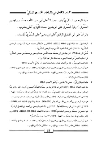 ‫كتاب‬
‫الكامل‬
‫رايءات‬
‫افن‬
'‫صذو‬
‫عبد‬
‫الرحمن‬
‫الكري‬
‫يدرب‬
‫عبدك‬
‫على‬
‫أبي‬
‫عبد‬
‫الله‬
‫محمد‬
‫بن‬
‫هم‬-‫الخ‬
‫ال‬
‫تمرى‬
‫؛‬
‫ا‬‫ر‬‫وق‬
‫ال‬
‫تمرى‬
‫على‬
‫الولد‬
‫بن‬
‫مح‬■
‫ان‬
‫اكورى‬
‫على‬
‫ا‬‫ب‬‫يعقومح‬
٠
ْ‫م‬‫ريكب‬1‫شالم‬،‫كءاىاينحى‬
.
1
‫ا‬
‫لبغدادي‬
.
‫عنه‬
‫غاية‬
‫النهاية‬
/‫ل‬
488
)02‫ق‬1‫ر‬
،
‫ِوإ‬‫إ‬7‫ل‬1‫ق‬/2
)‫رر(ك‬
‫أبو‬
‫محمد‬
‫عبيد‬
‫الله‬
‫بن‬
‫عبد‬
‫الرحمن‬
»‫اوكري‬
،
_(«‫أبم‬69/‫ل‬
‫ف‬
)‫ك‬
‫عبيد‬
‫الله‬
‫بن‬
‫عد‬
‫الرحمن‬
»‫الكري‬
.
2
‫ي‬
‫قابل‬
‫الروصة‬
‫ل‬77/‫ل‬
‫لأقرأ‬
‫بها‬
‫على‬
‫أبى‬
‫محمد‬
‫عبيد‬
‫الله‬
‫بن‬
‫عبد‬
‫الرحمن‬
‫بن‬
‫محمد‬
‫بن‬
‫عسسي‬
‫الكرى‬
‫في‬
‫ابانب‬
‫الغريي‬
‫ْن‬
‫قفة‬
‫الربح‬
‫درب‬
‫عبدك‬
‫على‬
‫نهر‬
®‫الرارين‬
٠
3
‫ه‬
‫ذه‬
‫النسبة‬
‫إلى‬
،‫سمر‬
‫يلد‬
‫من‬
‫أعمال‬
‫كسكر‬
‫بن‬
‫واسط‬
‫البصرة‬‫و‬
٠
^^‫اج‬‫ر‬‫ي‬
‫ُب‬‫ا‬‫الأنس‬
7/7
‫قل‬
٠
‫هوأبوعبد‬
‫الله‬
‫محمد‬
‫بن‬
‫الخهم‬
‫بن‬
‫هارون‬
‫البغدادي‬
‫الكاتب‬
(
288
)
.
‫عنه‬
‫غاية‬
‫النهاية‬
113/2
‫ر‬
2906
)
،
59/2
‫ض‬
‫لأ(س‬
‫ف‬
)‫ك‬
‫محمد‬
‫بن‬
‫الحهم*ا‬
،
488/1
2‫إ‬
‫لأ(س‬
‫ف‬
)‫ك‬
‫محمد‬
‫بن‬
»‫الحهم‬
.
‫كيلك‬
‫عنه‬
‫الأن‬
‫اب‬
137/7
.
4
‫ه‬
0‫د‬
‫النسبة‬
‫إلى‬
،‫توز‬
‫بعض‬
‫اد‬‫ل‬‫ب‬
.‫فارس‬
‫يراجع‬
‫الأنساب‬
104/3
.
‫عنه‬
‫غاية‬
‫النهاية‬
359/2
(
3804
)
‫لأ(س‬
‫ف‬
)‫ك‬
‫الوليد‬
‫بن‬
‫حنان‬
‫التوزي‬
‫البصري‬
‫روى‬
‫المراءة‬
‫عرصا‬
‫عن‬
_(
‫ف‬
)‫ك‬
‫يعقوب‬
‫بن‬
‫إسحاق‬
.‫الحضرمي‬
‫روى‬
‫القراءة‬
‫عنه‬
_(‫عرصا‬
‫ف‬
)‫ك‬
‫محمد‬
‫بن‬
®‫الحهم‬
،
387/2
‫و_وق(س‬
‫ف‬
)‫ك‬
‫الوليد‬
‫بن‬
>‫حسانا‬
،
113/2
‫إإ‬
(‫ا‬‫ل‬
‫س‬
‫ف‬
)‫ك‬
‫الوليد‬
‫بن‬
،‫حسان‬
‫صاحب‬
>‫يعقوبا‬
.
5
‫ه‬
‫و‬
‫عد‬
‫الرحمن‬
‫بن‬
‫أحمد‬
‫بن‬
‫افن‬
‫العجلي‬
(
370
-
454
)
.
‫عنه‬
‫غاية‬
‫المهاية‬
361/1
-
363
(
1549
)
،
‫ِو‬‫ج‬‫ت‬
‫[غير‬
‫مدكور‬
‫ش‬
‫ترجمة‬
]‫افمحام‬
،
399/2
‫إ‬‫ه‬_‫و‬
)‫لأ(ك‬
‫همد‬
‫الرحمن‬
‫بن‬
‫أحمد‬
‫أبوالفضل‬
®‫الرازي‬
•
6
‫ه‬
‫و‬
‫الحسن‬
‫بن‬
‫محني‬
‫بن‬
‫يحيى‬
‫البغدادي‬
(
340
)
.
‫عنه‬
‫غاية‬
‫النهاية‬
232/1
-
233
(
1063
)
،
113/2
‫ول‬
J‫؟‬,
‫[غير‬
‫مذكور‬
‫في‬
‫ترجمة‬
‫محمد‬
‫بن‬
،‫الحهمآ‬
362/1
‫ق‬
‫لاالحن‬
‫بن‬
‫محمد‬
‫الفحام‬
٠١
.
7
‫ه‬
‫وأبوعبد‬
‫الله‬
‫محمد‬
‫بن‬
‫الخهم‬
‫بن‬
‫هارون‬
‫البغدادي‬
‫الكاتب‬
(
288
)
.
‫عنه‬
‫غاية‬
‫النهاية‬
113/2
(
2906
،)
359/2
»‫تترا(سفك)سد؛ناض‬
،
32/1
»‫بي«(ك)ا؛نالحهم‬
.
=———=
55
———
 