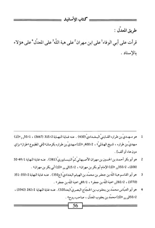 ‫كتاب‬
‫الأماشش‬
‫طريق‬
‫العدل‬
!
‫قرأت‬
‫على‬
‫أبي‬
‫اءل‬‫ف‬‫الو‬
‫على‬
‫ابن‬
‫مهران؛‬
‫على‬
‫هبة‬
٧١
‫>؛على‬،
‫مدك*عر‬
‫هؤلاء‬
.‫ُالأطد‬
1
‫ص‬
‫مهدي‬
‫ين‬
ْ‫ر‬‫طرا‬
‫الأاضاسادي‬
(
430
)
.
‫ءنهتةاكه‬
‫اة‬
315/2
‫ر‬
3667
)
،
0/1
)‫ش»(ك‬
‫مهدي‬
‫بن‬
ْ‫ر‬‫طرا‬
،
‫شخ‬
»'‫ي‬‫الهنل‬
،
00/2
)‫م»(ك‬
‫مهدي‬
‫ين‬
ْ‫ر‬‫طرا‬
_^‫؛‬
oU
»
‫[ني‬
‫الطبرع‬
»‫اا<از‬
‫اي‬‫ز‬‫ب‬
‫دون‬
‫هاء‬
‫أو‬
]‫ألف‬
•
2
‫ه‬
‫و‬
‫أبوبكر‬
‫أحمد‬
‫بن‬
‫الحسان‬
‫بن‬
‫مهران‬
‫الأصهاني‬
‫ثم‬
‫الني‬
‫ابوري‬
(
)‫ق‬8‫ل‬
.
‫عنه‬
‫غاية‬
‫النهاية‬
49/1
-
50
‫ل‬
208
)
،
32‫ةمهقت‬
)‫رر(ك‬
‫الإمام‬
‫أبوبكر‬
‫بن‬
»‫مهران‬
،
‫أ‬9-‫ةلمحل‬/2
)‫رر(ك‬
‫أبي‬
‫كر‬
‫بن‬
))‫مهران‬
.
3
‫ه‬
‫وأبو‬
‫القام‬
‫مة‬
‫الذ‬
‫بن‬
‫جعفر‬
‫بن‬
‫محني‬
‫بن‬
‫الهيثم‬
‫ّ(ح‬‫ي‬‫اوغداد‬
350
)
.
‫سغا؛ةالهاة‬
50/2
‫ق‬5‫ل‬-‫ق‬
)‫ق‬77‫ره‬
،
282/2
‫وإ‬
‫ررهبة‬
‫الله‬
‫بن‬
))‫جعفر‬
،
49/1
‫إ‬‫ج‬
‫ررهبة‬
‫الله‬
‫بن‬
))‫جعفر‬
.
4
‫ه‬
‫وأبوالعناص‬
‫محني‬
‫بن‬
‫يعقوب‬
‫بن‬
‫الحجاج‬
‫البصري‬
.)‫ق‬2‫(؛عاله‬
‫عنه‬
‫اية‬‫غ‬
‫الهاية‬
282/2
(
3542
)
،
2‫ه‬.‫هققوإ‬/7
)‫رر(ك‬
‫محمد‬
‫بن‬
‫يعقوب‬
،‫المحيل‬
‫صاحب‬
‫روحء‬
.
^^===^=
56
 