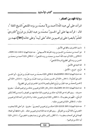 2«
^^^^‫تت^^تتتتتتتتع^^^ع‬
)‫كتب‬
‫الأماه‬
‫روايه‬
‫فهد‬
‫بن‬
‫اكمر‬
:
‫قرأت‬
‫على‬
‫أبي‬
‫عبد‬
‫الله‬
‫[أحمد‬
]‫بن‬
‫محمد‬
‫بن‬
‫يرده‬
‫أ‬‫ي‬‫اللنج‬
‫الشيح‬
‫الثقة‬
،
‫قال‬
‫ت‬
‫قرأت‬
‫ا‬‫ه‬‫ب‬
‫على‬
‫أبي‬
‫الح؛ن‬
‫محني‬
‫بن‬
‫عبد‬
‫ار‬‫ب‬‫الخ‬
‫بن‬
‫فروج‬
‫الماوردي‬
‫العلم‬
‫بالصرة‬
‫على‬
‫إبراهيم‬
‫بن‬
‫حالدءعلى‬
‫أيه'؛‬
‫وعلى‬
‫حاله‬
]‫أ‬46‫ل‬
‫فهد‬
‫بن‬
1
‫م‬
‫ا‬
‫ين‬
‫الحاصربن‬
‫مامحط‬
‫في‬
‫الأصل‬
.
2
‫ه‬
‫وأحمد‬
‫بن‬
‫محمد‬
‫بن‬
‫الحسن‬
‫ين‬
‫يزده‬
‫الخساط‬
.‫الأصبهاني‬
‫عنه‬
‫غاية‬
‫النهاية‬
10/1
‫لل‬1"‫ل‬
‫ر‬
509
)
،
2‫إ‬.02‫تمةقل‬
)‫رر(ك‬
‫أبوعبد‬
‫الله‬
‫أحمد‬
‫بن‬
‫محمد‬
‫بن‬
‫يزده‬
‫المالنء<ىاا‬
،
22‫ةمةوق‬
)‫را(ك‬
‫أحمد‬
‫بن‬
‫محمد‬
‫بن‬
‫الحسن‬
‫بن‬
‫يزده‬
‫[محي‬
‫المطبؤع‬
])‫(مردة‬
‫ا‬،‫آ‬‫ي‬‫الملنج‬
.
3
‫ك‬
‫دا‬
‫كبه‬
‫محي‬
.‫الأصل‬
‫ي‬
‫ف‬
‫زوخ‬
:
،‫فروح‬
‫الأصل‬
٠
5
‫حم‬
‫ه‬
‫غاية‬
‫المهاية‬
158/2
‫)سم‬3‫ه‬29‫ر‬
58/2
‫لول‬
)‫ار(ك‬
‫سند‬
‫بن‬
‫عبد‬
‫الحنار‬
‫بن‬
،‫ّوخ‬‫ر‬‫ف‬
‫أبو‬
‫الحس‬
‫الماوردي‬
]‫المعنمء‬
،
2.‫لل‬،‫ا‬'/‫ل‬
)‫رر(ك‬
‫أبو‬
‫الحز‬
‫محمد‬
‫بن‬
‫عبد‬
‫الحمار‬
‫بن‬
،‫فروخ؛‬
،
2.‫َلللل‬‫ل‬
)‫رر(ك‬
‫أبي‬
]‫[الحسن‬
‫محمد‬
‫بن‬
‫همد‬
‫ار‬‫ب‬‫الح‬
‫بن‬
‫فروخ‬
‫المعلم‬
‫ا‬‫ا‬‫ة‬‫ّر‬‫ص‬‫الب‬‫ب‬
‫[ما‬
‫ين‬
‫الأصرتين‬
‫ليس‬
‫في‬
]‫الطبؤع‬
٠
6
‫ع‬
‫نه‬
‫غاية‬
‫ل‬4-‫ل‬3/‫الهايةل‬
‫)[هناك‬54‫ر‬
ِ‫ل‬3/‫ل‬
14-2
‫ل‬
)‫رر(ك‬
‫إيرامم‬
‫بن‬
jJU
‫بن‬
‫إبراهم‬
‫المعدل‬
:
‫مقرئ‬
‫معروف‬
•
‫روى‬
‫القراءة‬
‫عن‬
)‫(ك‬
‫أبيه‬
‫خالد‬
‫بن‬
‫إبراهيم‬
)‫و(ك‬
‫خاله‬
‫فهد‬
‫بن‬
‫الصقر‬
‫وأحمد‬
‫بن‬
‫ل‬4‫ل‬
]
‫بكير‬
،‫الزجاج‬
‫كلهم‬
‫عن‬
]))‫يعقوب‬
،
269/1
^
‫و‬
)‫ء(ك‬
‫ابنه‬
‫إبراهيم‬
‫بن‬
>،‫خالد‬
‫و‬
13/2
‫هااا؛نأخته(ك)إ؛راهسم؛ن‬
»‫خالد‬
،
58/2
‫ش‬
»‫را(ك)إ؛راهيمبنخالد‬
.
7
‫ع‬
‫نه‬
‫<ة‬
‫المهاية‬
269/1
(
1213
)
)‫«(ك‬
‫خالد‬
‫ين‬
‫إبراهيم‬
‫بن‬
‫المري‬
:
.‫مقرئ‬
‫قرأ‬
‫عر‬
)‫(ك‬
‫يعقوب‬
‫الحضرمي‬
‫و‬
)‫(ك‬
‫أيوب‬
‫بن‬
‫المتوكل‬
.
‫روى‬
‫القراءة‬
‫عنه‬
)‫(ك‬
‫ه‬‫ن‬‫اب‬
‫إبراهيم‬
‫بن‬
‫خالد‬
.
0‫ذكر‬
‫اففل‬‫ح‬‫ال‬
‫أبو‬
‫العلاء‬
‫الهمذاني‬
‫في‬
‫أصحاب‬
،)‫يعقوب‬
،
‫_وإ‬2‫ِآةت‬‫ق‬
‫[غير‬
‫مذكور‬
‫في‬
‫ترجمة‬
‫يعقوب‬
]‫الحضرمي‬
،
32‫ثأ‬/‫أ‬
)‫رل(ك‬
‫أبيه‬
‫خالد‬
‫بن‬
))‫إبراهيم‬
.
64
 