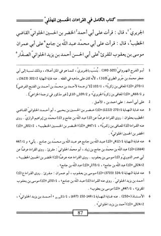 ‫كتاب‬
‫اس‬
‫رالترس‬
‫الخسهث‬
‫لاهذر‬
‫الحريري‬
،
‫قال‬
I
‫قرأت‬
‫على‬
‫أبي‬
‫أحمدت‬
‫الخضر‬
‫بن‬
‫الحسين‬
‫الحلواني‬
‫القاصي‬
‫الخطيب‬
،
‫قال‬
‫؛‬
‫قرأت‬
‫على‬
‫أبي‬
‫محمد‬
‫عبد‬
‫الله‬
‫بن‬
‫جامع‬
‫على‬
‫أبي‬
‫عمران‬
‫موس‬
‫بن‬
‫يعقوب‬
‫المقرئ‬
‫ض‬
‫أبي‬
‫الحسن‬
‫أحمد‬
‫بن‬
‫يزيد‬
‫اني‬‫و‬‫الحل‬
‫الصثار‬
‫ل‬
‫أ‬
‫بوالمرج‬
‫النهرواني‬
(
305
-
390
)
.
‫ينب‬
،‫بالخريري‬
‫كما‬
‫هوفي‬
‫الآن‬
‫أعلاه‬
،
‫وذلك‬
‫ن‬
‫بة‬
‫إلى‬
‫أبي‬
‫جعفر‬
‫محمد‬
‫بن‬
‫حرير‬
‫الطبري‬
(
310
)
،
‫أته‬‫ل‬
‫ان‬‫ك‬
‫على‬
‫مذهبه‬
‫في‬
‫الفقه‬
.
‫عنه‬
‫اية‬‫غ‬
‫اية‬‫ه‬‫الن‬
302/2
‫ل‬
3623
)
،
70/1
‫م‬
)‫رر(ك‬
‫افى‬‫ع‬‫ل‬،‫ا‬
‫بن‬
،‫زكرياو‬
102/1
‫[لا‬
‫ترجمة‬
‫لأحمد‬
‫بن‬
‫محمد‬
‫بن‬
‫أحمد‬
‫بن‬
‫الفتح‬
]‫القرصي‬
»‫سشينزكرامحتري‬
-‫^س‬
10
]‫م[لخرطكورفىبا<اص‬
.
2
‫ع‬
‫ر‬
‫أبي‬
‫أحمد‬
‫إ‬
‫عر‬
‫احمد‬
،‫بن‬
‫الأصل‬
•
3
‫ع‬
‫نه‬
‫غاية‬
‫النه‬
‫اية‬
270/1
‫ر‬
1222
)
)‫رر(ك‬
‫حضر‬
‫بن‬
‫فستن‬-‫ا‬
‫ين‬
،‫يحيى‬
‫أبوأحمد‬
‫الحالواني‬
‫الق‬
‫اصي‬
‫الخطيب‬
‫بحلوان‬
•
‫روى‬
‫القراءه‬
‫عرصا‬
‫عن‬
)‫(ك‬
‫عبد‬
‫الله‬
‫بن‬
‫حامع‬
)‫و(ك‬
‫محمد‬
‫بنءبرامم‬
.‫الرازي‬
‫روى‬
‫عنه‬
)‫القراءة(ك‬
‫انمافى‬
‫بن‬
١‫زكريا؛‬
،
7/1
‫هإ‬4‫ي‬
)‫رر(ك‬
‫الخضر‬
‫بن‬
‫الحسبن‬
®‫الحهليب‬
،
2302/2
‫إ‬
)‫را(ك‬
‫الخضر‬
‫بن‬
‫الحسين‬
®‫الحلواني‬
*
4
‫ع‬
‫نه‬
‫غاية‬
‫النهاية‬
412/1
‫و‬
)‫رر(ك‬
‫عبد‬
‫الله‬
‫بن‬
‫جامع‬
‫هوعبد‬
‫الله‬
‫بن‬
‫محمد‬
‫بن‬
‫جامع‬
•
‫ا‬‫ء‬‫اتي‬‫ي‬
‫و‬
447/1
(
1864
)
)‫رر(ك‬
‫عبد‬
‫الله‬
‫بن‬
‫محمد‬
‫بن‬
‫جامع‬
‫بن‬
،‫نياد‬
‫أبومحمل‬
‫الحلواني؛‬
.‫مقرئ‬
‫روى‬
‫القراءة‬
‫عرصا‬
‫عن‬
‫أبي‬
‫عمر‬
‫الدوري‬
‫و‬
)‫(ك‬
‫موصى‬
‫بن‬
‫يعقوب‬
.
‫روى‬
‫القراءة‬
‫عنه‬
‫عرصا‬
)‫(ك‬
‫الخضر‬
‫ين‬
‫الحسان‬
))‫الخطيب‬
،
0324/2
‫إ‬
)‫رر(ك‬
‫عبد‬
‫أه‬‫ل‬‫ا‬
‫بن‬
))‫حامع‬
،
270/1
))‫ع‬0‫قرر(ك)عبدالآهبنجا‬
.
5
‫ع‬
‫نه‬
‫غاية‬
‫النهاية‬
324/1
(
3703
)
)‫ار(ك‬
‫موسى‬
‫بن‬
،‫يعقوب‬
‫أبوعمران؛‬
‫مقرئ‬
•
‫روى‬
‫القراءةع‬
)‫(ك‬
‫أحمل‬
‫بن‬
‫يزيد‬
.‫الحلواني‬
‫روى‬
‫عنه‬
)‫القراءة(ك‬
‫عبد‬
‫الله‬
‫بن‬
))‫جامع‬
،
150/1
‫و‬
)‫رر(ك‬
‫موسى‬
‫بن‬
‫يعقوب‬
))‫المقرئ‬
،
447/1
‫وإ‬
)‫ار(ك‬
‫موصى‬
‫بن‬
))‫يعقوب‬
.
6
‫ا‬
‫لأست‬
‫اذ‬
+(
250
)
.
‫عنه‬
‫غاية‬
‫الهاية‬
149/1
-
150
(
697
)
،
‫ل‬5.‫أأبمل‬/‫أ‬
١(
‫أحذ‬
‫ن‬
‫زيد‬
))‫الحلواني‬
،
io324/2
)‫«(ك‬
‫أحمد‬
‫بن‬
‫يزيد‬
))‫الحلواني‬
.
 