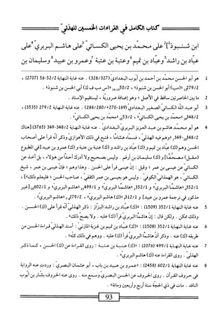 ‫كتاب‬
‫الكامل‬
‫راماءات‬
‫لسين‬
ّ‫ى‬‫داهذا‬
‫ابن‬
‫نموذ‬
‫آ‬
‫على‬
‫محمد‬
‫بن‬
‫يحيى‬
‫الكسالى‬
‫لعلى‬
‫هاشم‬
‫المربري‬
‫على‬
‫اد‬‫ت‬‫ع‬
‫بن‬
‫راشد‬
‫وعتاد‬
‫بن‬
)‫ف‬
‫وعبة‬
‫بن‬
‫ب‬
‫وعمرو‬
‫بن‬
‫تميد‬
‫وسليمان‬
‫بن‬
1
‫ه‬
‫وأبو‬
‫الحسن‬
‫محمد‬
‫بن‬
‫أحمد‬
‫بن‬
‫أيوب‬
‫البغدادي‬
(
328/327
)
.
‫عنه‬
‫غاية‬
‫النهاية‬
52/2
"
56
‫ر‬
2707
)
،
279/2
‫إ‬‫و‬
)،‫س‬.‫ار(م‬
‫أبو‬
‫الحسن‬
‫بن‬
‫ثنبوذ؛؛‬
،
50/2
‫إ‬،‫ِإ‬‫إ‬‫و‬
‫رر(س‬
‫ْب‬
‫ف‬
)‫ك‬
‫أبي‬
‫الحسن‬
‫بن‬
‫آ؛‬‫ذ‬‫شنيو‬
.
2
‫م‬
‫ا‬
‫ي؛ن‬
‫ين‬J‫الحاصر‬
‫ساقهل‬
‫في‬
‫الأصل؛‬
‫وهوإصافة‬
،‫ضرورية‬
‫ليستقم‬
.‫الإسناد‬
3
‫أ‬
‫بوعبدافه‬
(ّ‫ي‬‫^^نياسابداد‬
270-189
/+
288/280
)
.
‫عنه‬
‫اية‬‫غ‬
‫الهاية‬
279/2
(
3535
)
،
348/2
‫إ‬‫و‬
‫ارمجحمد‬
‫بن‬
‫يحنى‬
،‫الك‬
‫ا‬،‫ائي‬
،
53/2
‫إ‬‫و‬
‫رامحمد‬
‫بن‬
‫يحيى‬
،،‫الكائي‬
.
4
‫ه‬
‫وأبو‬
‫محمد‬
‫هاشم‬
‫بن‬
‫عبد‬
‫العزيز‬
‫البربري‬
.‫البغدادي‬
‫عنه‬
‫غاية‬
‫النهاية‬
348/2
-
349
(
3765
)
‫[هناك‬
348/2
-2‫و‬
349
‫إ‬
‫رروهم‬
‫فيه‬
،‫الهدلي‬
‫فماه‬
‫هشاما‬
،
‫فتع‬
‫في‬
‫ذلك‬
‫الأهوازي‬
‫وذكر‬
‫أنه‬
‫أ‬‫ر‬‫ق‬
‫على‬
‫أصحاب‬
‫الحسن‬
)‫وهم(ك‬
‫اد‬‫ت‬‫ع‬
‫بن‬
‫تميم‬
)‫و(ك‬
‫عناد‬
‫بن‬
‫راشد‬
)‫و(ك‬
‫عشة‬
‫بن‬
‫عتبة‬
)‫و(ك‬
‫عمرو‬
‫بن‬
‫مد‬
‫م‬
‫الهلوع‬
)‫(مقبل‬
]‫مصحما‬
)‫و(ك‬
‫سليمان‬
‫بن‬
‫أرقم‬
•
‫وليس‬
‫يصحح‬
‫ولا‬
‫أدرك‬
‫أحدا‬
‫من‬
‫هؤلاء‬
،
‫بل‬
‫أحد‬
‫عن‬
‫الكساثي‬
‫عن‬
‫عيسى‬
‫بن‬
‫عمر؛‬
‫وقيل؛‬
‫إن‬
‫عيسى‬
‫أ‬‫ر‬‫ق‬
‫على‬
‫الحسن‬
•
‫وهدا‬
‫وهم؛‬
‫إن‬‫ف‬
‫عيس‬
‫بن‬
،‫عمر‬
‫شخ‬
،‫الكسائي‬
‫هوالهمداني‬
‫الكوفي‬
•
‫وليس‬
‫هوبعيسى‬
‫بن‬
‫عمر‬
،‫الثقفي‬
‫صاحب‬
‫الحسن؛‬
‫فليعلم‬
]»‫ذلك‬
،
352/1
‫ء(رهاثنا‬
))‫البربري‬
‫و‬
352/1
»‫ؤارئشنااور؛ري‬
/‫ول‬
499
»‫وثمارهاثماور؛ري‬
‫و‬
2/1
‫هل[غير‬6‫ه‬
‫مذكور‬
‫في‬
‫ترحمة‬
‫عمروبن‬
]‫عبيد‬
‫و‬
312/1
‫آ‬
)‫ار(ك‬
‫هاشم‬
))‫البربري‬
،
279/2
‫غ‬
7
‫ررهاسم‬
®‫الربري‬
•
5
‫ع‬
‫ه‬‫ن‬
<‫د‬
‫ةالهاية‬
352/1
(
1509
)
:
)‫را(ك‬
‫عنادبزراشد‬
‫ّاز‬‫ز‬‫او‬
:
‫ذكرالهذلي‬
‫أنه‬
.‫قرأعالى(ك)افن‬
‫وذلك‬
.‫ممكن‬
‫ولكن‬
‫قال‬
I
‫إن‬
‫هاشما‬
‫البربري‬
)‫قرأ(ك‬
‫عليه‬
.
‫ولا‬
‫يصح‬
))‫ذلك‬
.
6
‫ع‬
‫ه‬‫ن‬
‫غاية‬
‫الهاية‬
352/1
(
1508
)
:
)‫رر(ك‬
‫عناد‬
‫بن‬
‫تميم‬
‫بن‬
‫غزية‬
‫الازني‬
:
‫ّد‬‫أ‬
‫الهذلي‬
‫قراءة‬
‫الخن‬
‫من‬
‫ءلريةه(ك)عنه‬
.
‫وذكر‬
‫أف‬
‫هاثما‬
‫الربري‬
)‫قرأ(ك‬
‫عليه‬
.
‫ووهم‬
‫في‬
‫ذلك‬
))‫كلمه‬
.
7
‫ع‬
‫نه‬
‫غاية‬
‫المهاية‬
499/1
(
2076
)
:
)‫«(ك‬
‫عتبة‬
‫بن‬
‫عتبة‬
:
‫روى‬
‫القراءة‬
‫عن‬
)‫(ك‬
،‫الحسن‬
‫كما‬
‫ذكر‬
‫الهدلي‬
•
‫روى‬
‫القراءة‬
‫عته‬
)‫(ك‬
‫هاشم‬
‫ٌآ‬‫ى‬‫اليرير‬
•
8
‫ع‬
‫نه‬
‫غاية‬
‫النهاية‬
602/1
(
2458
)
•'
‫ررعمروبن‬
‫عبيد‬
‫بن‬
،‫باب‬
‫أبوعثمان‬
‫البصري‬
•'
‫وردت‬
‫عنه‬
‫الرواية‬
‫في‬
‫حروف‬
‫المرك‬
.
‫روى‬
‫الحروف‬
‫عن‬
‫الحسن‬
‫البصري‬
‫وسمع‬
‫منه‬
•
‫روى‬
‫عنه‬
‫الحروف‬
‫ار‬‫ت‬‫بث‬
‫بن‬
‫أيوب‬
.‫الناقد‬
‫مات‬
‫في‬
‫ذي‬
‫الحجة‬
‫سنة‬
‫أربع‬
‫وأريعين‬
))‫ومائة‬
.
=^=——
93
———^
 