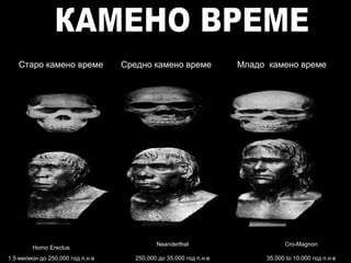 Homo Erectus
1.5 милион до 250,000 год п.н.е
Neanderthal
250,000 до 35,000 год п.н.е
Cro-Magnon
35,000 to 10,000 год п.н.е
Старо камено време Средно камено време Младо камено време
 
