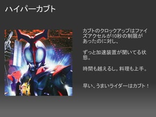 ハイパーカブト

          カブトのクロックアップはファイ
          ズアクセルが10秒の制限が
          あったのに対し、

          ずっと加速装置が聞いてる状
          態。

          時間も越えるし。料理も上手。


          早い、うまいライダーはカブト！
 