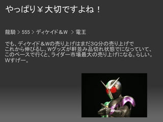 やっぱり￥大切ですよね！

龍騎 > 555 > ディケイド＆W　> 電王

でも、ディケイド＆Wの売り上げはまだ３Q分の売り上げで
これから伸びるし、Wグッズが軒並み品切れ状態でになっていて、
このペースで行くと、ライダー市場最大の売り上げになる。らしい。
Wすげー。
 