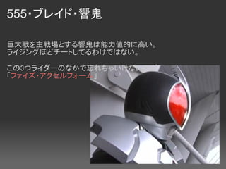 555・ブレイド・響鬼

巨大戦を主戦場とする響鬼は能力値的に高い。
ライジングほどチートしてるわけではない。

この3つライダーのなかで忘れちゃいけないのが
「ファイズ・アクセルフォーム」
 