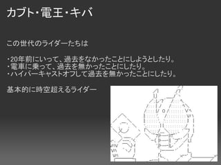 カブト・電王・キバ

この世代のライダーたちは

・20年前にいって、過去をなかったことにしようとしたり。
・電車に乗って、過去を無かったことにしたり。
・ハイパーキャストオフして過去を無かったことにしたり。

基本的に時空超えるライダー
 