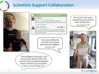 I think Addgene is fantastic. I will
forward your details to PIs in the
Institute, that way potential plasmid
donors will know you are around.
Depositor, University College Dublin
Scientists Support Collaboration
17
Oh so, you’re not really a
salesperson, you’re here to
make my life easier…
Future depositor, CHOP
“I do science differently
now that I can request
plasmids from Addgene”
Lab head at Yale
 
