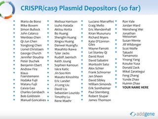 CRISPR/cas9 Plasmid Depositors (so far)
Mario de Bono
Mike Boxem
Simon Bullock
John Calarco
Wenbiao Chen
Qi-Jun Chen
Yonglong Chen
Lionel Christiaen
George Church
Jennifer Doudna
Peter Duchek
Benjamin Ebert
Andrew Fire
Klaus
Foerstemann
Hodaka Fujii
Wataru Fujii
Caixia Gao
Charles Gersbach
Bob Goldstein
Manuel Goncalves
Melissa Harrison
Izuho Hatada
Akitsu Hotta
Bo Huang
Shenglin Huang
Xingxu Huang
Danwei Huangfu
Masahito Ikawa
Tyler Jacks
Rudolf Jaenisch
Keith Joung
Sophien Kamoun
Iskra Katic
Jin-Soo Kim
Masato Kinoshita
Eric Lander
Ji-Long Liu
David Liu
Sebastian Lourido
Timothy Lu
Rene Maehr
Luciano Marraffini
Craig Mello
Eric Mendenhall
Kiran Musunuru
Richard Myers
Kate O'Connor-
Giles
Wayne Parrott
Lei Stanley Qi
David Root
David Sabatini
Moritoshi Sato
Alex Schier
Frank Schnorrer
Jen Sheen
David Sibley
William Simonds
Erik Sontheimer
Paul Sternberg
Robert Stupar
James Thomson
Ron Vale
Jordan Ward
Wensheng Wei
Jonathan
Weissman
Susan Wente
Jill Wildonger
Scot Wolfe
Takashi
Yamamoto
Yinong Yang
Kosuke Yusa
Donald Zack
Mikel Zaratiegui
Feng Zhang
Yunde Zhao
Huimin Zhao
YOUR NAME HERE
 