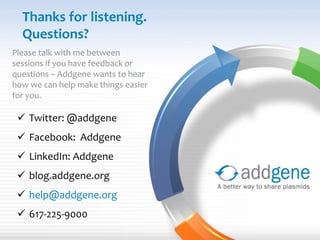 Thanks for listening.
Questions?
Please talk with me between
sessions if you have feedback or
questions – Addgene wants to hear
how we can help make things easier
for you.
 Twitter: @addgene
 Facebook: Addgene
 LinkedIn: Addgene
 blog.addgene.org
 help@addgene.org
 617-225-9000
 