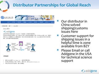 Distributor Partnerships for Global Reach
Our distributor in
China solved
shipping/customs
issues here
Customer support for
shipping issues in a
helpful time is zone
available from BZY
Please Email or call
Addgene in the USA
for technical science
support
 