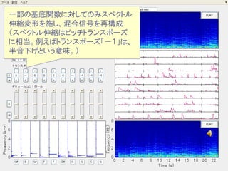 一部の基底関数に対してのみスペクトル
伸縮変形を施し、混合信号を再構成
（スペクトル伸縮はピッチトランスポーズ
に相当。例えばトランスポーズ「－１」は、
半音下げという意味。）
 