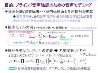 発表のアウトライン
音源モデル化の基本方針：少ない基底関数のスパースな重ね合わせ

1. 複素NMF
  少数の振幅スペクトルの基底関数によって構成される
   音響信号モデル
  モノラル信号分離への適用例の紹介



2. 複合自己回帰系
  音声生成モデル(“ソースフィルタモデル”)における
   ソースとフィルタがそれぞれ少数の基底関数により
   構成される音声信号の統計モデル
  残響環境下のブラインド音源分離への適用例の紹介
 