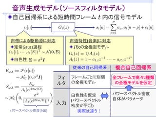 目的: ブラインド音声強調のための音声モデリング
音源分離/残響除去・・・室内伝達系と音声信号が未知
     音声信号らしさの規準(モデル)をうまく仮定することが重要
     (例) 非ガウス性  独立成分分析に基づくブラインド音源分離

観測モデルの例 (マイクロホン数: M, 音源数: M)        [吉岡,中谷,三好 音講論(秋)’08]
 観測信号の時間周波数成分           残響除去フィルタ
                                    ( : 周波数, : 時刻)
                             瞬時混合信号
      分離行列          音源成分


音源の確率モデル                を設計できれば．．．
       観測モデルに従って密度関数の変数変換
    仮定：     と                は独立



           音源分離&残響除去:              の最尤/MAP推定
 