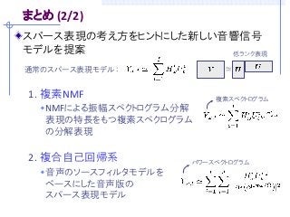 まとめ (2/2)
スパース表現の考え方をヒントにした新しい音響信号
モデルを提案               低ランク表現

通常のスパース表現モデル：


1. 複素NMF                     複素スペクトログラム
   NMFによる振幅スペクトログラム分解
   表現の特長をもつ複素スペクログラム
   の分解表現

2. 複合自己回帰系               パワースペクトログラム
   音声のソースフィルタモデルを
   ベースにした音声版の
   スパース表現モデル
 