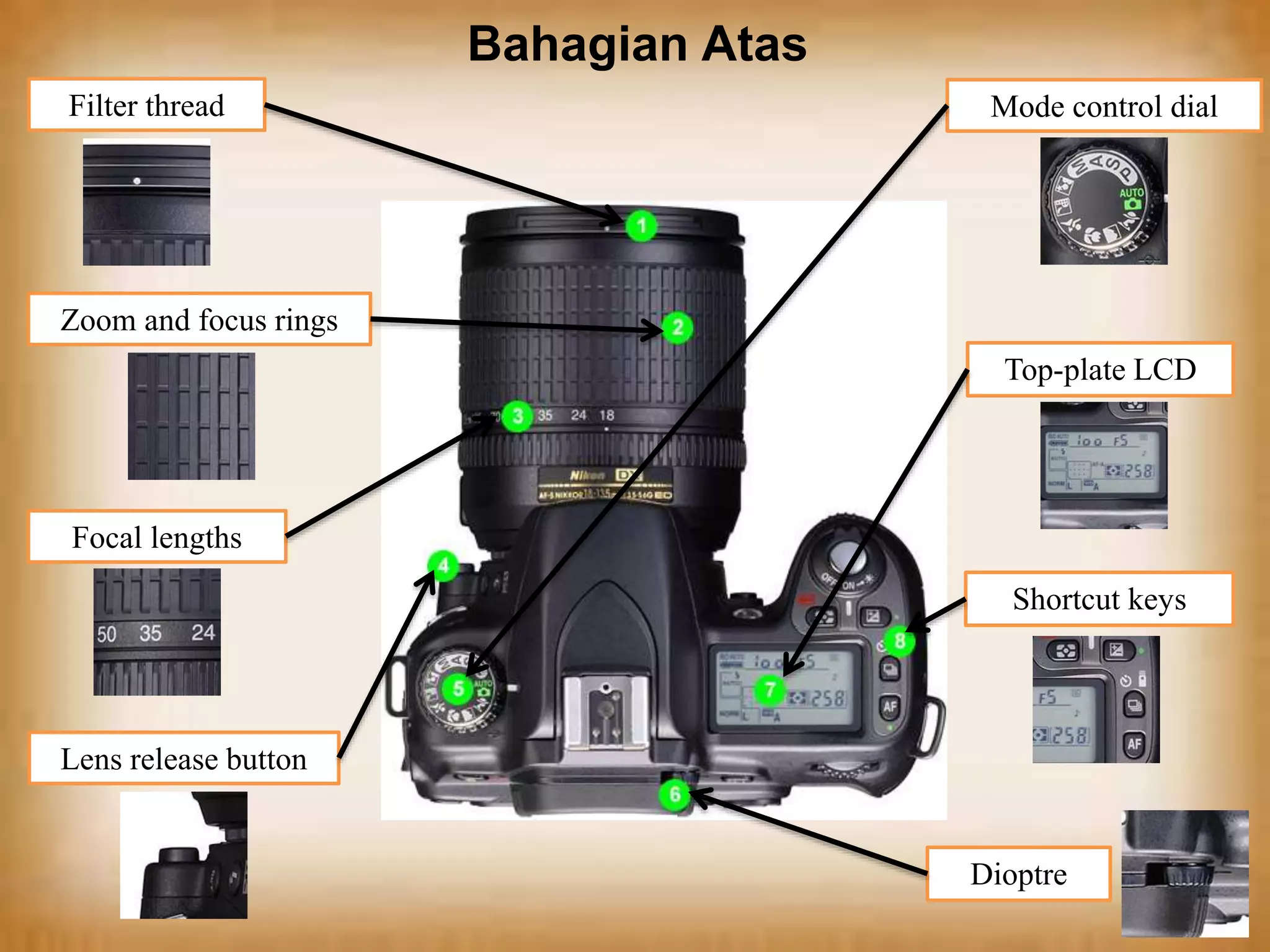 Bahagian Atas
Filter thread
Mode control dial
Zoom and focus rings
Top-plate LCD
Focal lengths
Shortcut keys
Lens release button
Dioptre