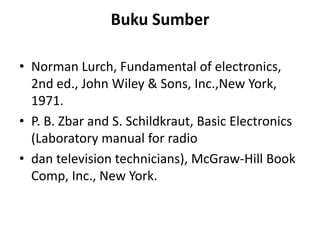 Buku Sumber
• Norman Lurch, Fundamental of electronics,
2nd ed., John Wiley & Sons, Inc.,New York,
1971.
• P. B. Zbar and S. Schildkraut, Basic Electronics
(Laboratory manual for radio
• dan television technicians), McGraw-Hill Book
Comp, Inc., New York.

 