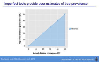 Imperfect tools provide poor estimates of true prevalence
Bouhassira et al.,2008; Stevenson et al., 2015
Imperfect screening tools
Modelling based on:
● DN4 Interview
○ sensitivity = 82%
○ specificity = 86%
● n = 3000
 