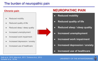 The burden of neuropathic pain
Lalli et al., 2013
Attribute Diabetes
(%; n = 20)
Diabetes +
Neuropathy
(%; n = 20)
Diabetes +
Neuropathic pain
(%; n = 20)
Fell in the last year 15 20 45
Fear of falling 5 20 64
Presence of pain increases gait variance, number of fall, and fear of falling:
 