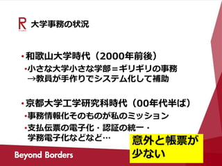 大学事務の状況
•和歌山大学時代（2000年前後）
•小さな大学小さな学部＝ギリギリの事務
→教員が手作りでシステム化して補助
•京都大学工学研究科時代（00年代半ば）
•事務情報化そのものが私のミッション
•支払伝票の電子化・認証の統一・
学務電子化などなど… 意外と帳票が
少ない
 