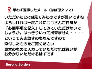 思わず返事したメール（ほぼ原文ママ）
いただいたExcel見てみたのですが酷いですね
よろしければ一度これに○○さんご自身が
「必要事項を記入」してみていただけないで
しょうか。はっきりいって出来ません・・・・
といって突き放すのもなんですので
添付したものをご覧ください
見本のものに入力していただければ違いが
お分かりいただけるはずです
 