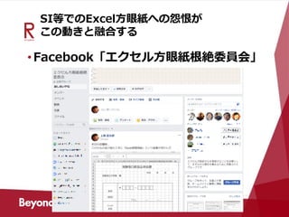 SI等でのExcel方眼紙への怨恨が
この動きと融合する
•Facebook「エクセル方眼紙根絶委員会」
 