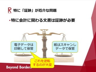 特に「証跡」が厄介な問題
•特に会計に関わる文書は証跡が必要
電子データは
印刷して保管
紙はスキャンし
データで保管
これを逆転
するのが大変
 