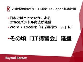 20世紀の終わり：IT革命→e-Japan基本計画
•日本ではMicrosoftによる
Officeバンドル商法が隆盛
•Word / Excelは「ほぼ標準ツール」に
•その頃「IT講習会」隆盛
 