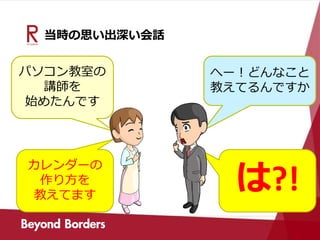 当時の思い出深い会話
パソコン教室の
講師を
始めたんです
カレンダーの
作り方を
教えてます
へー！どんなこと
教えてるんですか
は?!
 