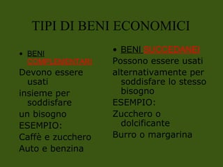 • BENI
COMPLEMENTARI
Devono essere
usati
insieme per
soddisfare
un bisogno
ESEMPIO:
Caffè e zucchero
Auto e benzina
• BENI SUCCEDANEI
Possono essere usati
alternativamente per
soddisfare lo stesso
bisogno
ESEMPIO:
Zucchero o
dolcificante
Burro o margarina
TIPI DI BENI ECONOMICI
 