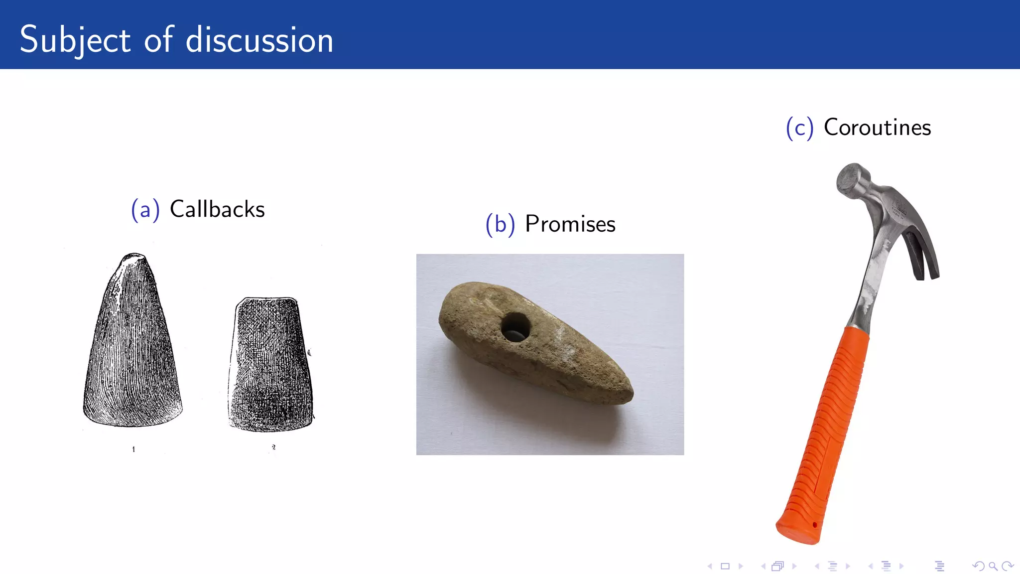 Subject of discussion
(a) Callbacks
(b) Promises
(c) Coroutines
 
