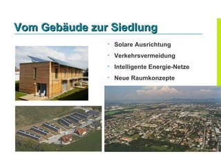 Vom Gebäude zur Siedlung
               
                   Solare Ausrichtung
               
                   Verkehrsvermeidung
               
                   Intelligente Energie-Netze
               
                   Neue Raumkonzepte
 